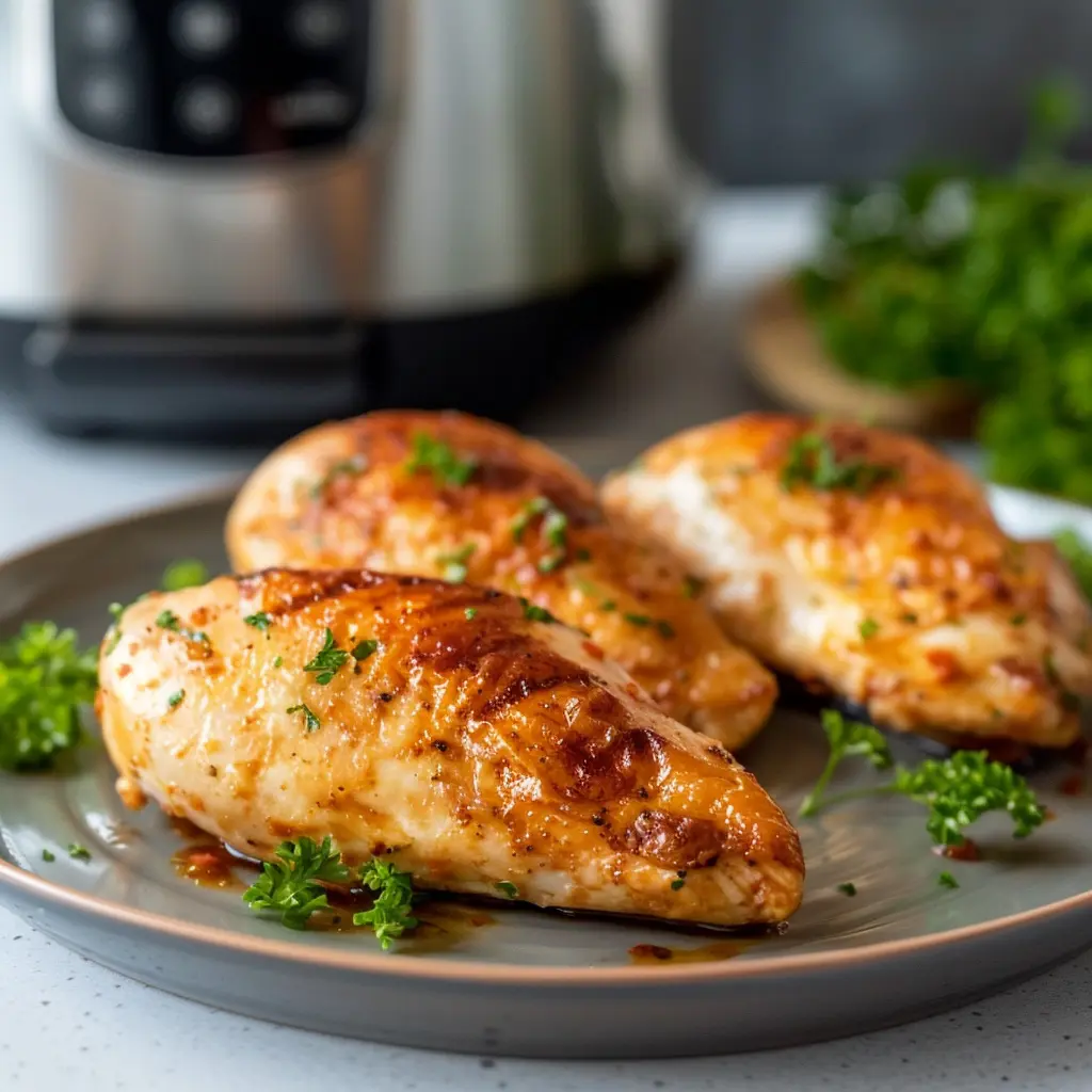 Kipfilet met in de achtergrond een airfryer.