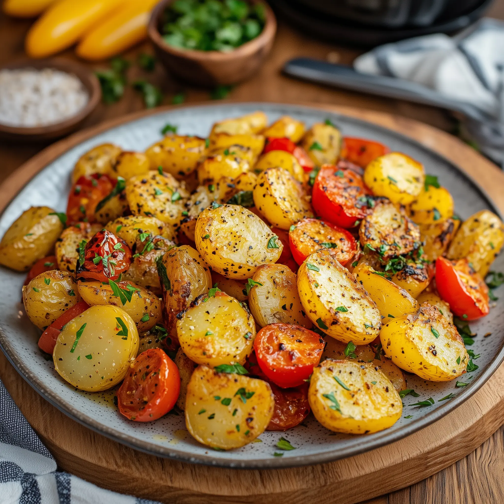 Aardappelen en groenten op een bord. Dit recept is bereidt in de airfryer.