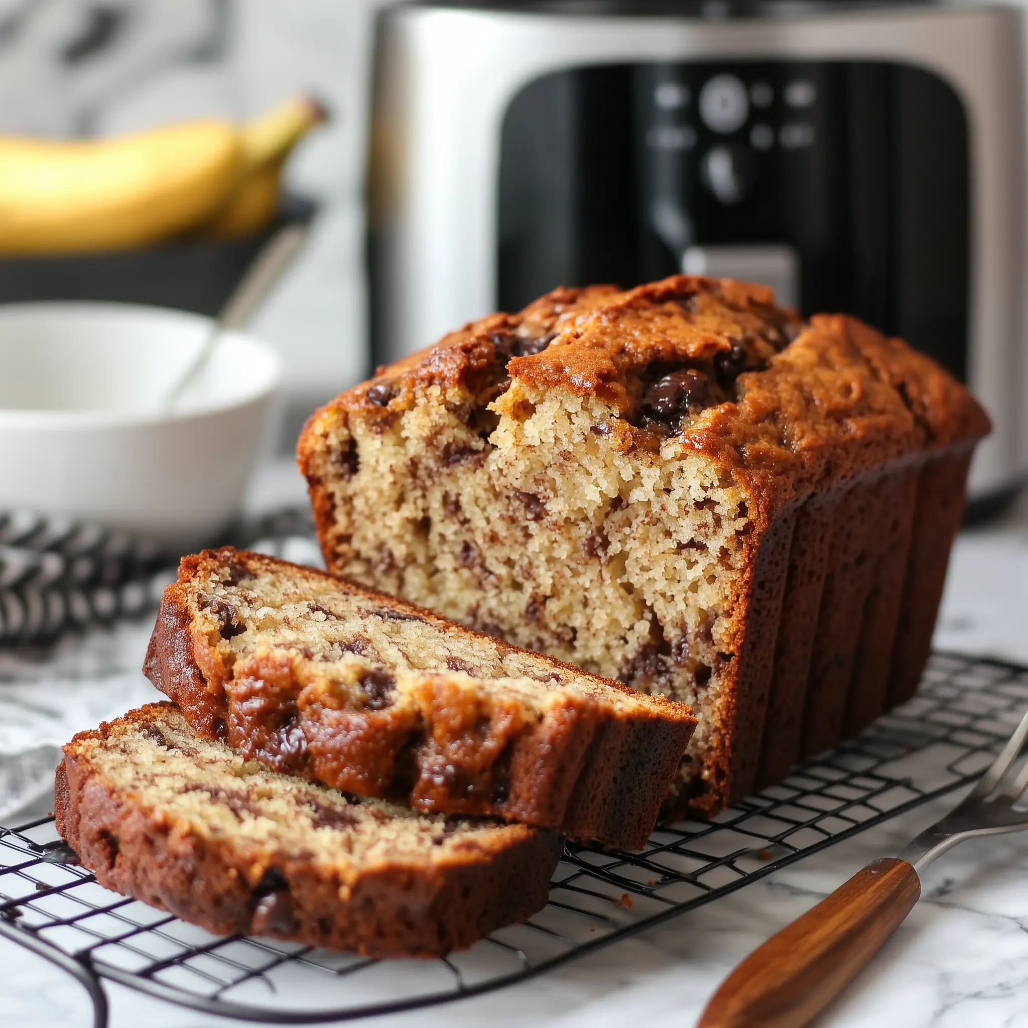 bananenbrood in sneetjes met in de achtergrond een airfryer.