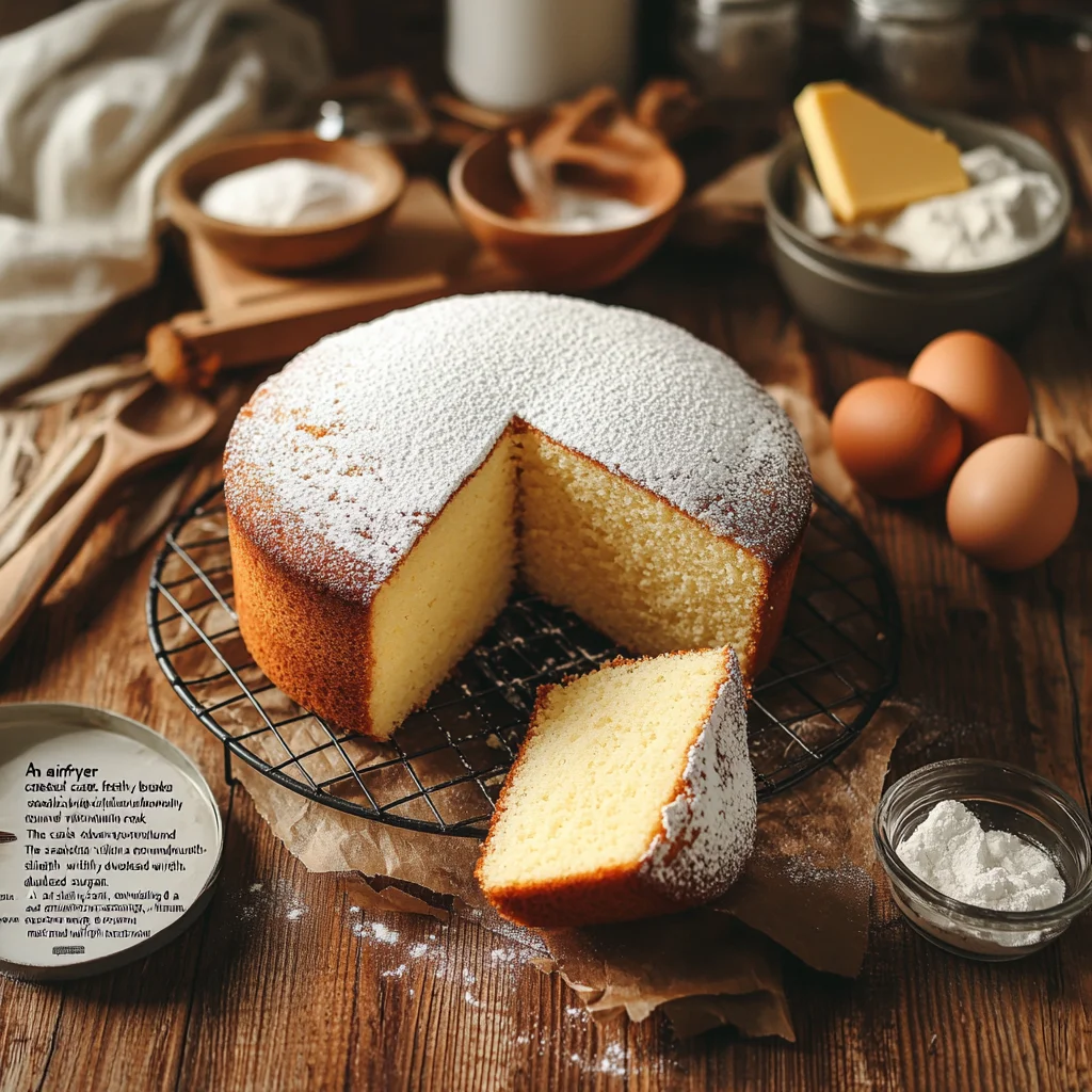 Cake waarbij een stukje cake is uitgesneden welke gebakken is in de airfryer.