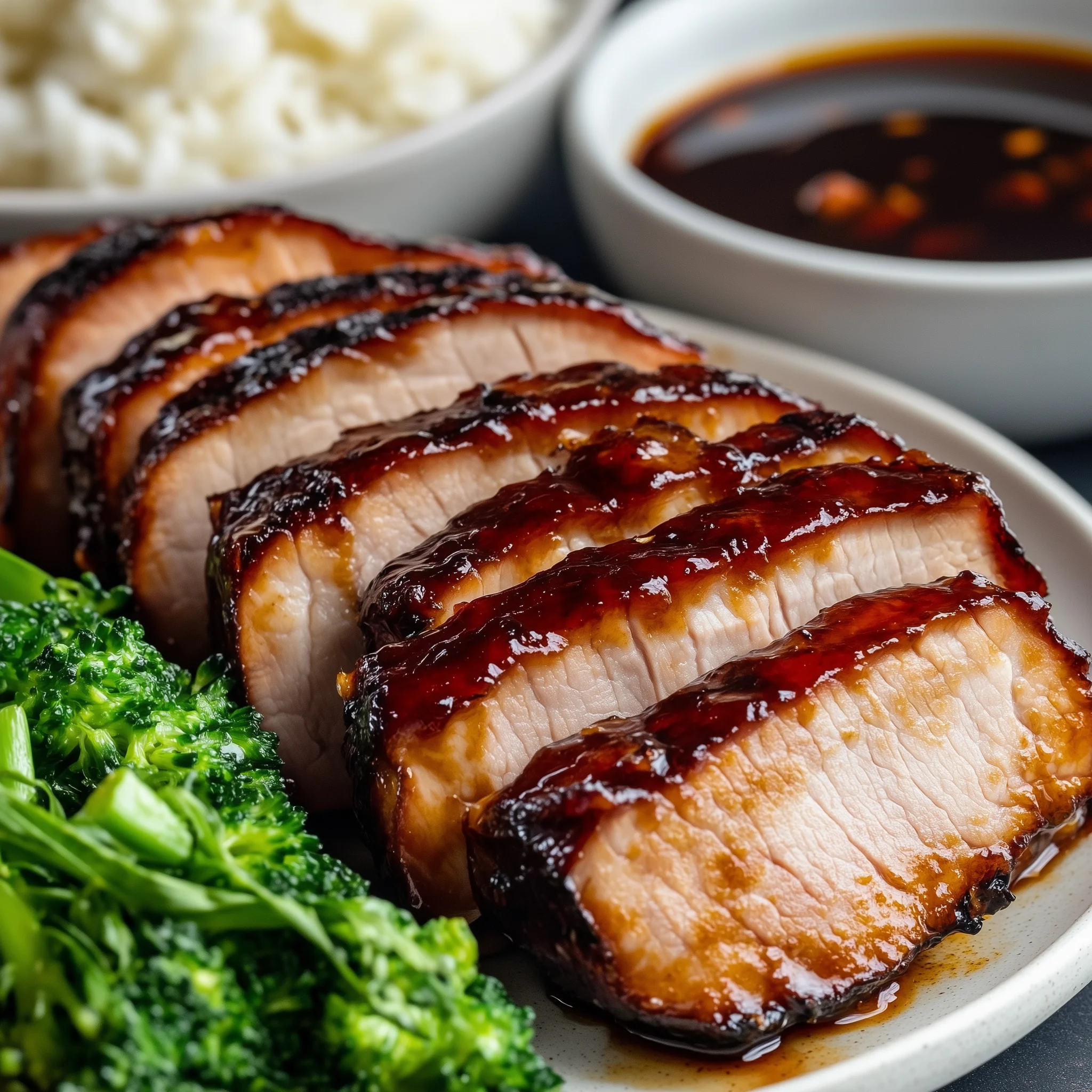 Char siu op een wit bord bereidt in de airfryer.