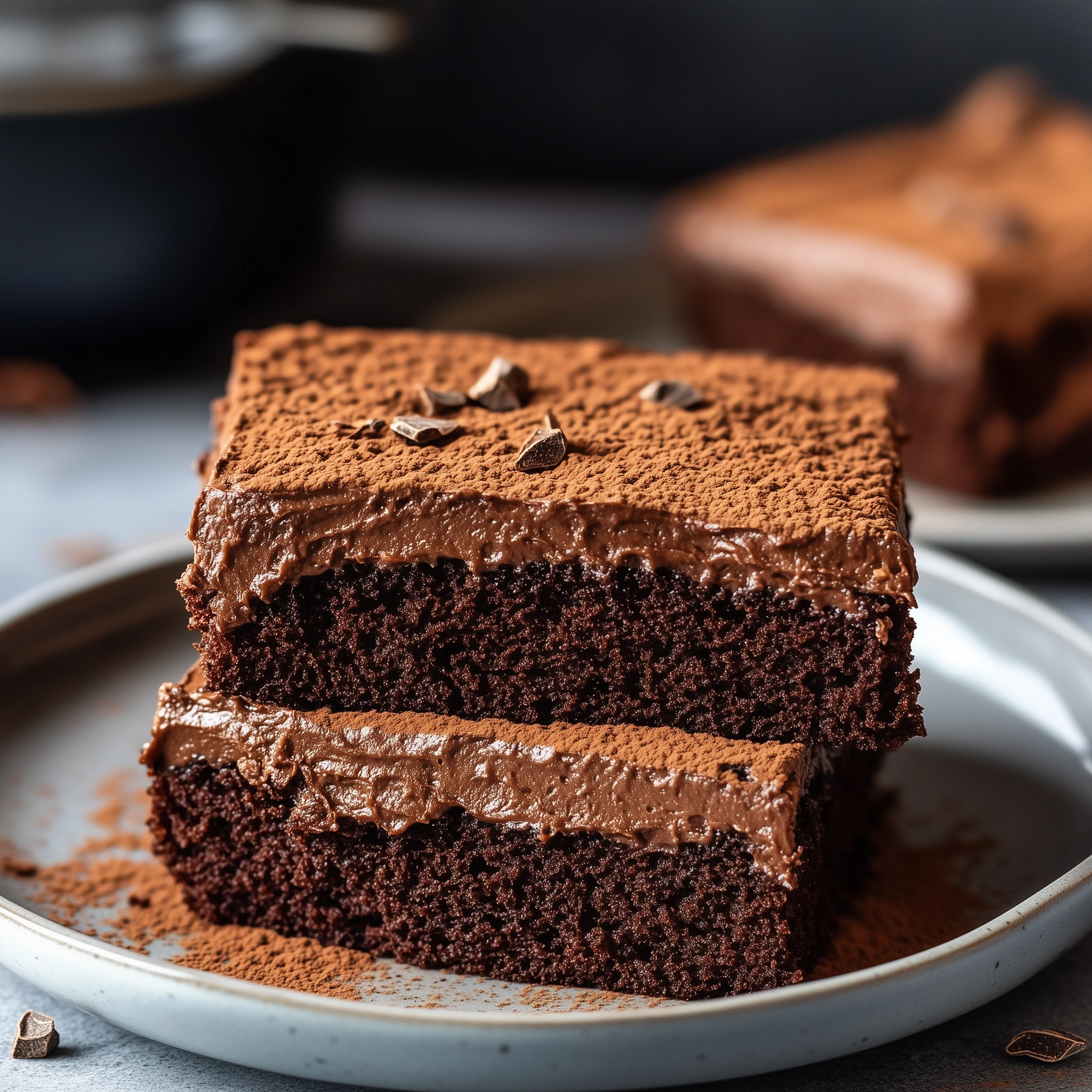 2 stukjes chocoladecake op een bord, bereidt in de airfryer.