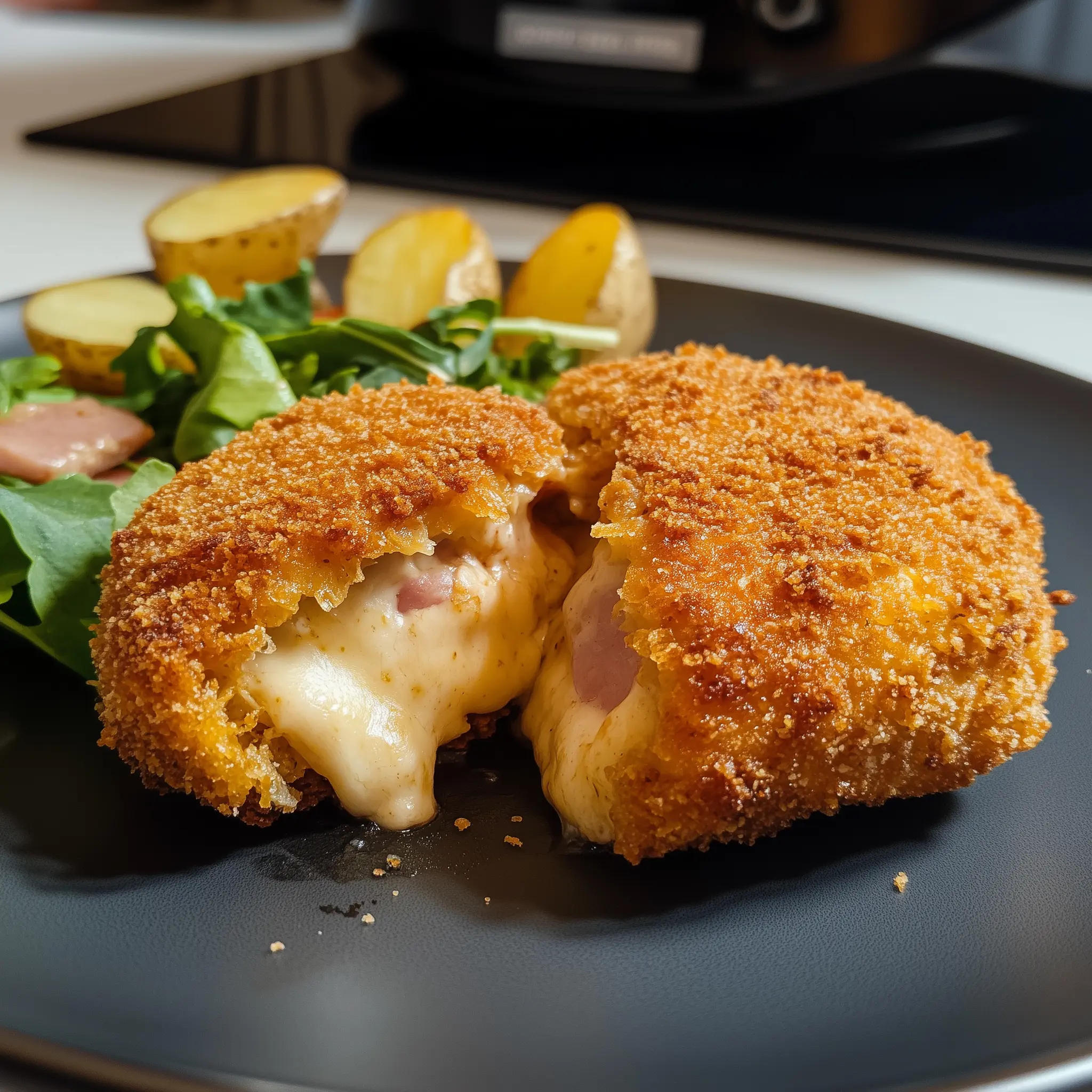 Cordon bleu op een bord met in de achtergrond een airfryer.