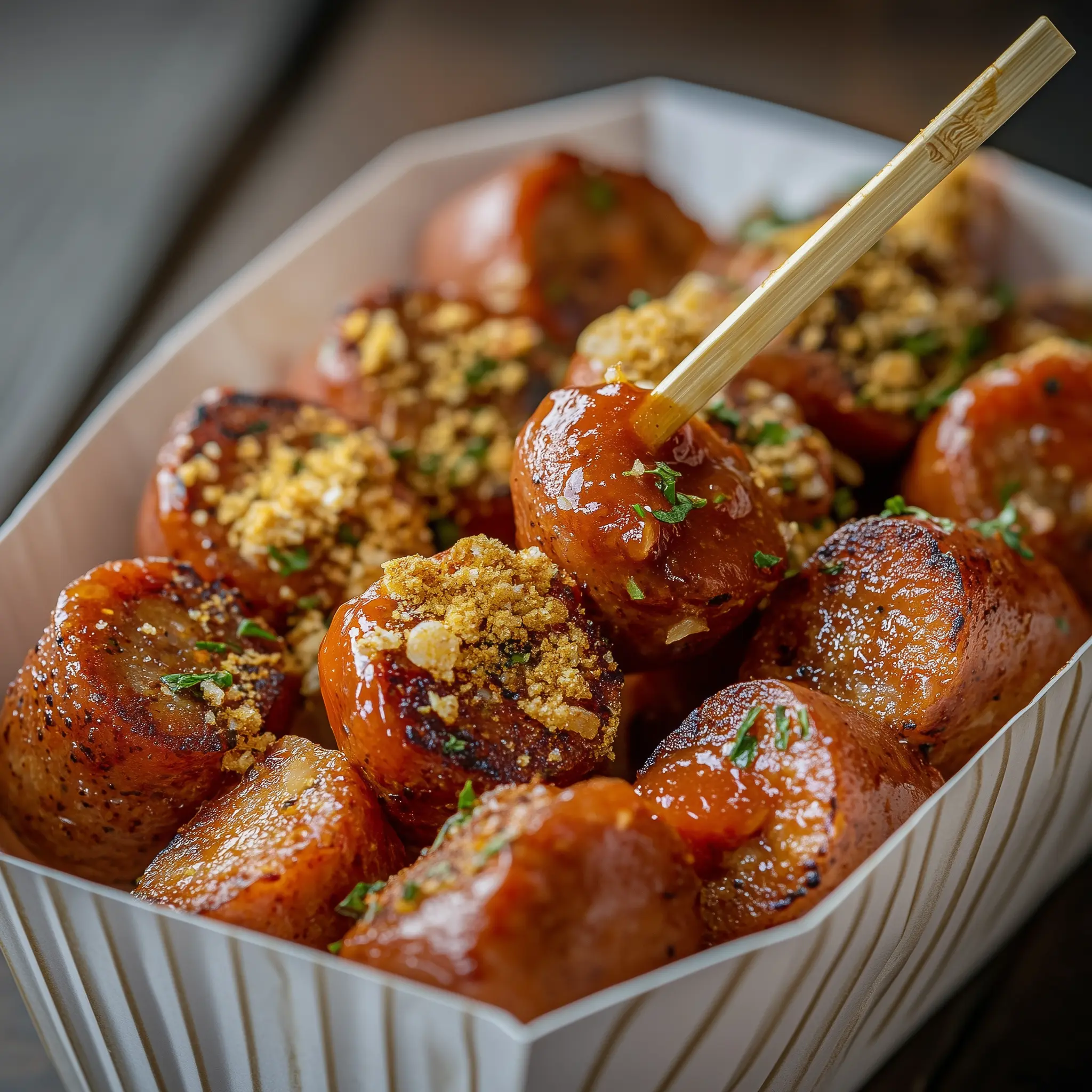 Curryworst in een papieren bakje, bereidt in de airfryer
