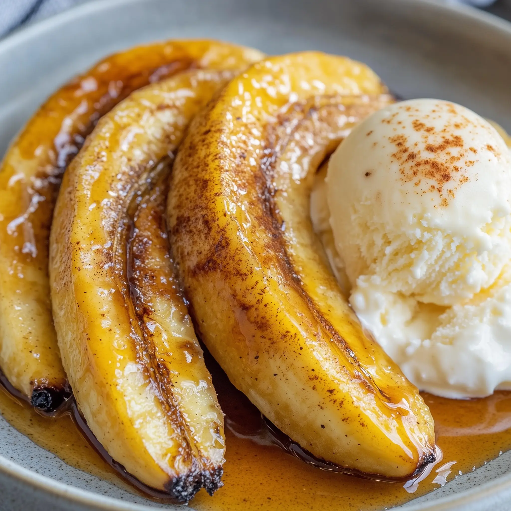 3 gebakken bananen op een bord met een bolletje ijs. Bereidt in de airfryer.