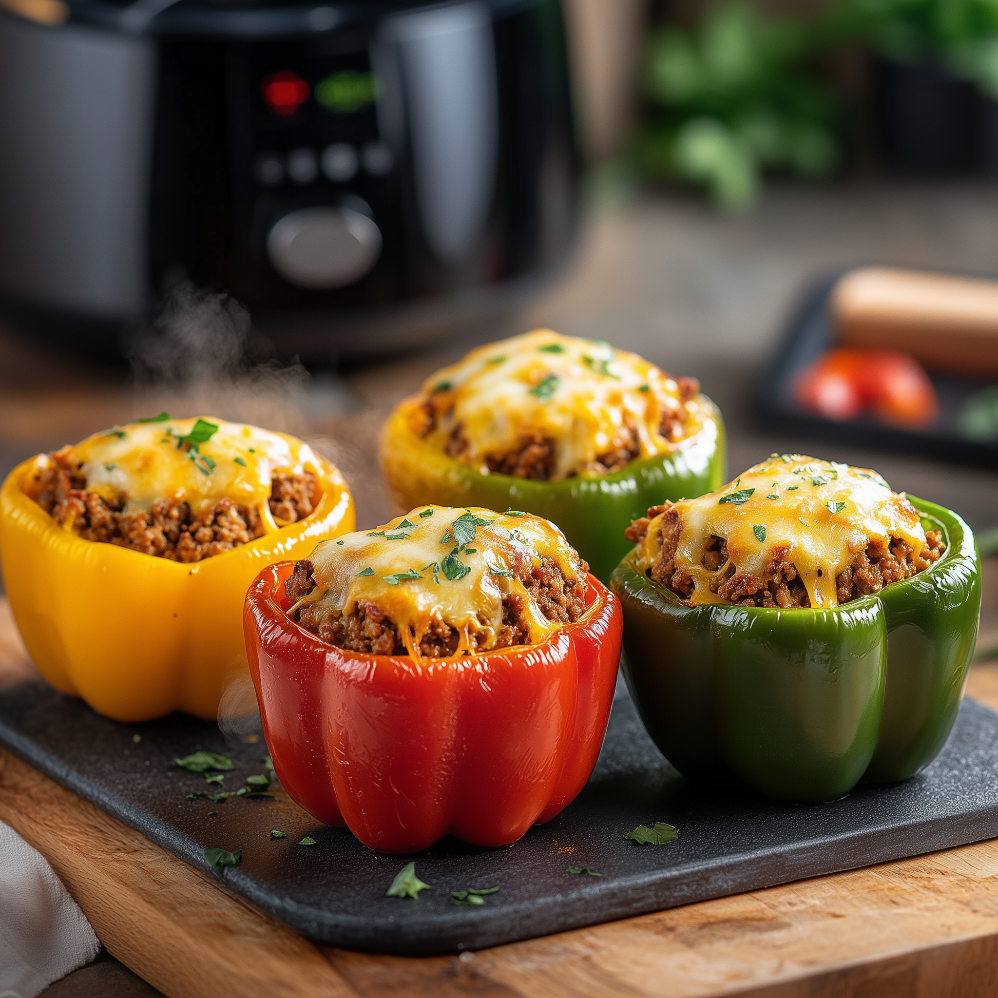 4 gevulde paprika's op een plank. In de achtergrond staat een airfryer.