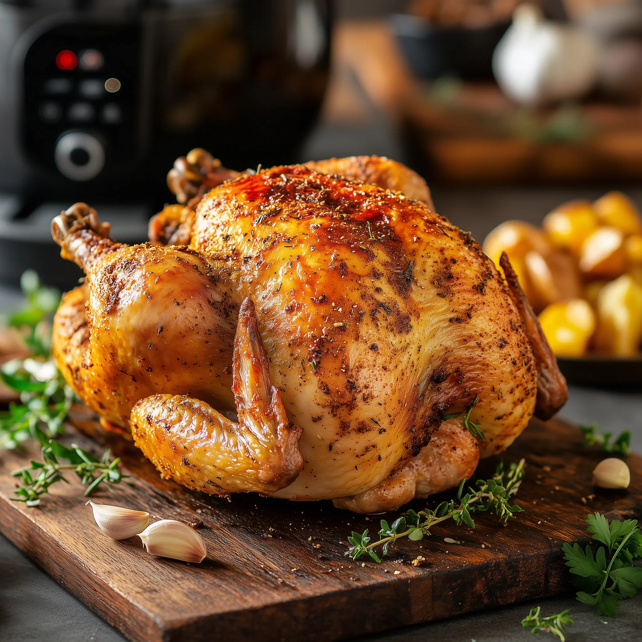 hele kip op een houten plank die bereidt is in de airfryer.