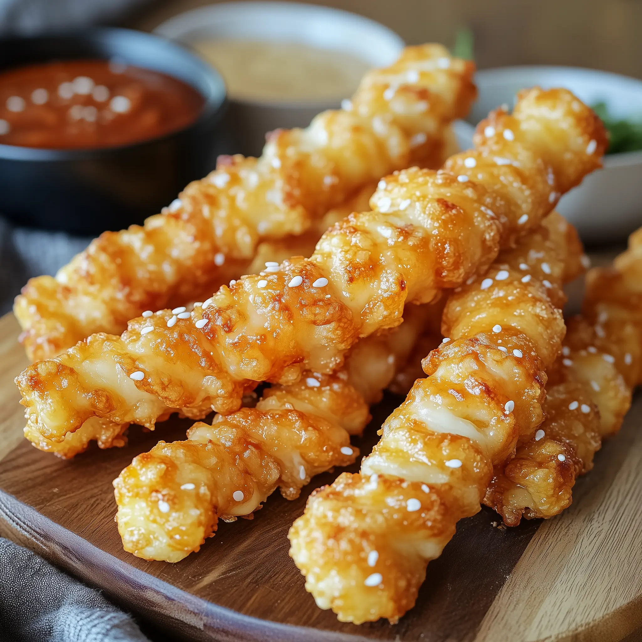 Kaasstengels op een bord, bereidt in de airfryer.