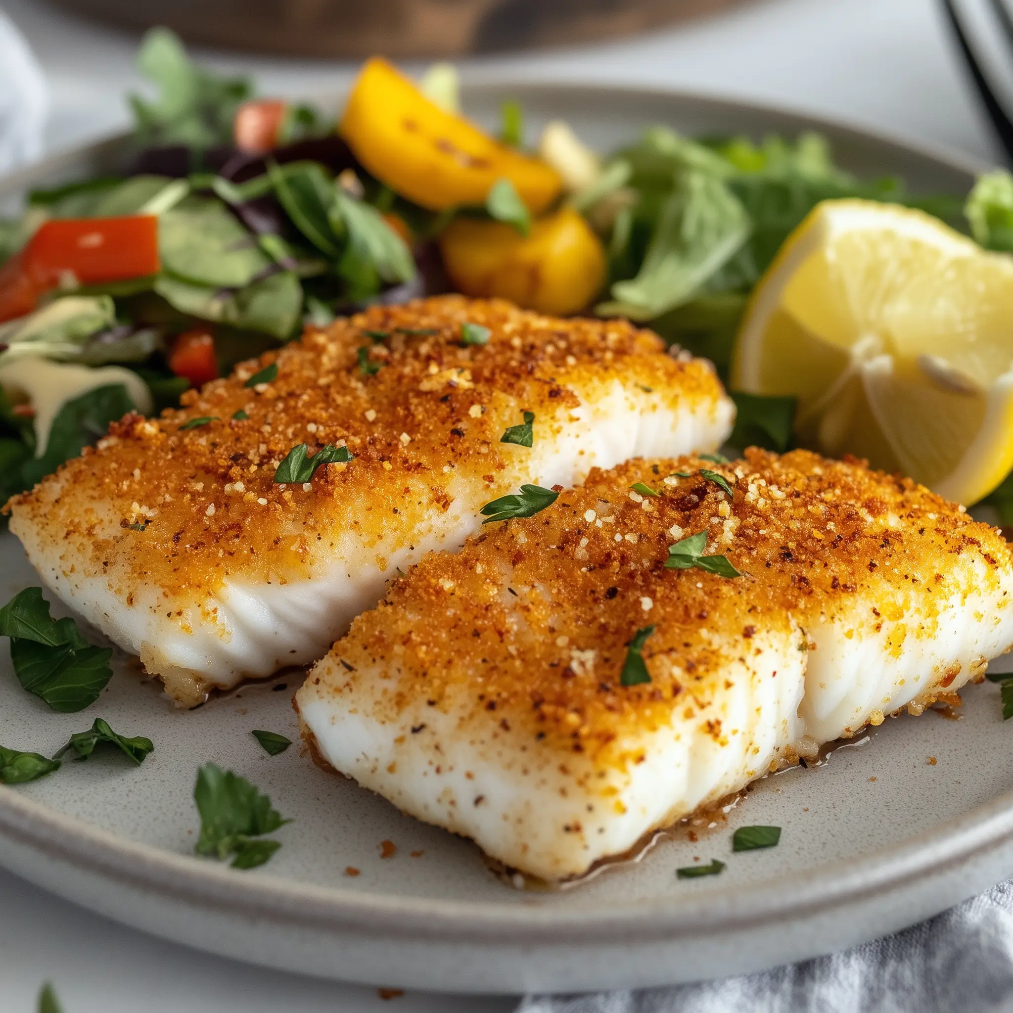 kabeljauw op een bord die bereidt is in de airfryer. Op het bord ligt ook groente en een citroen.