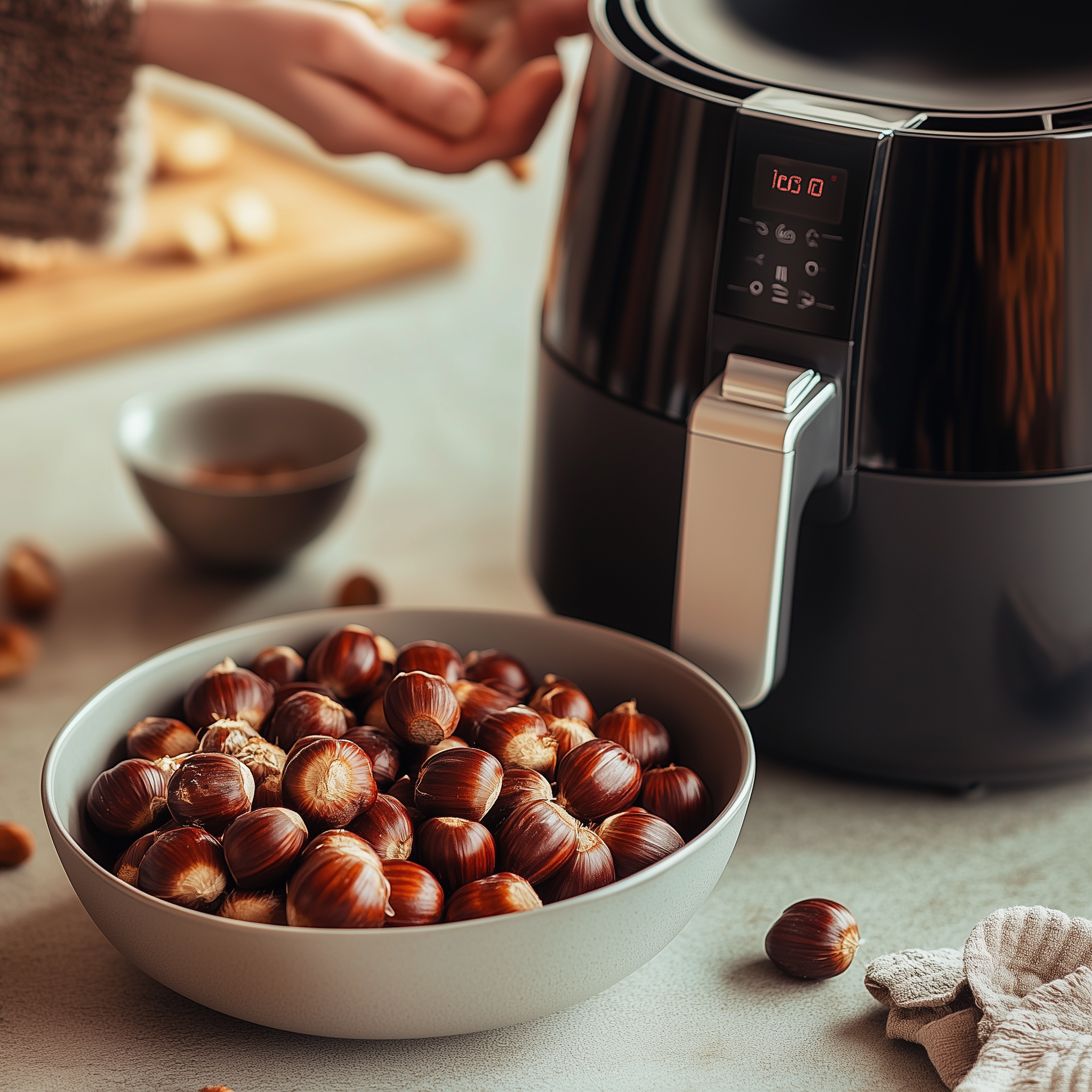Gepofte kastanjes in een kom met in de achtergrond een airfryer.