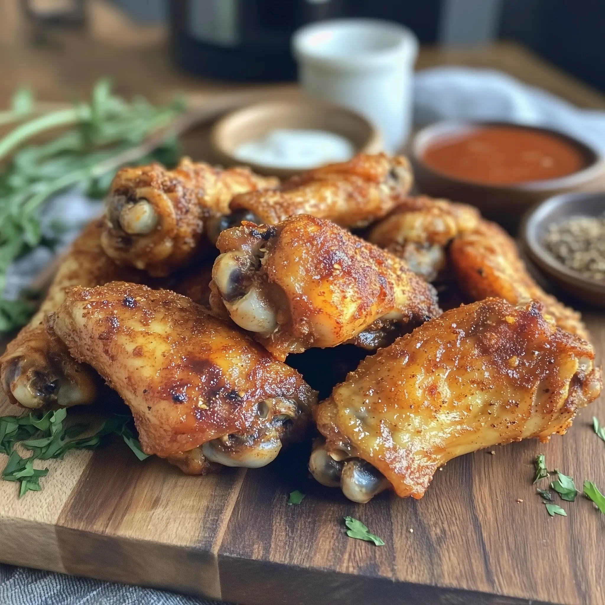kippenvleugels op een houten plank die bereidt zijn in de airfryer.