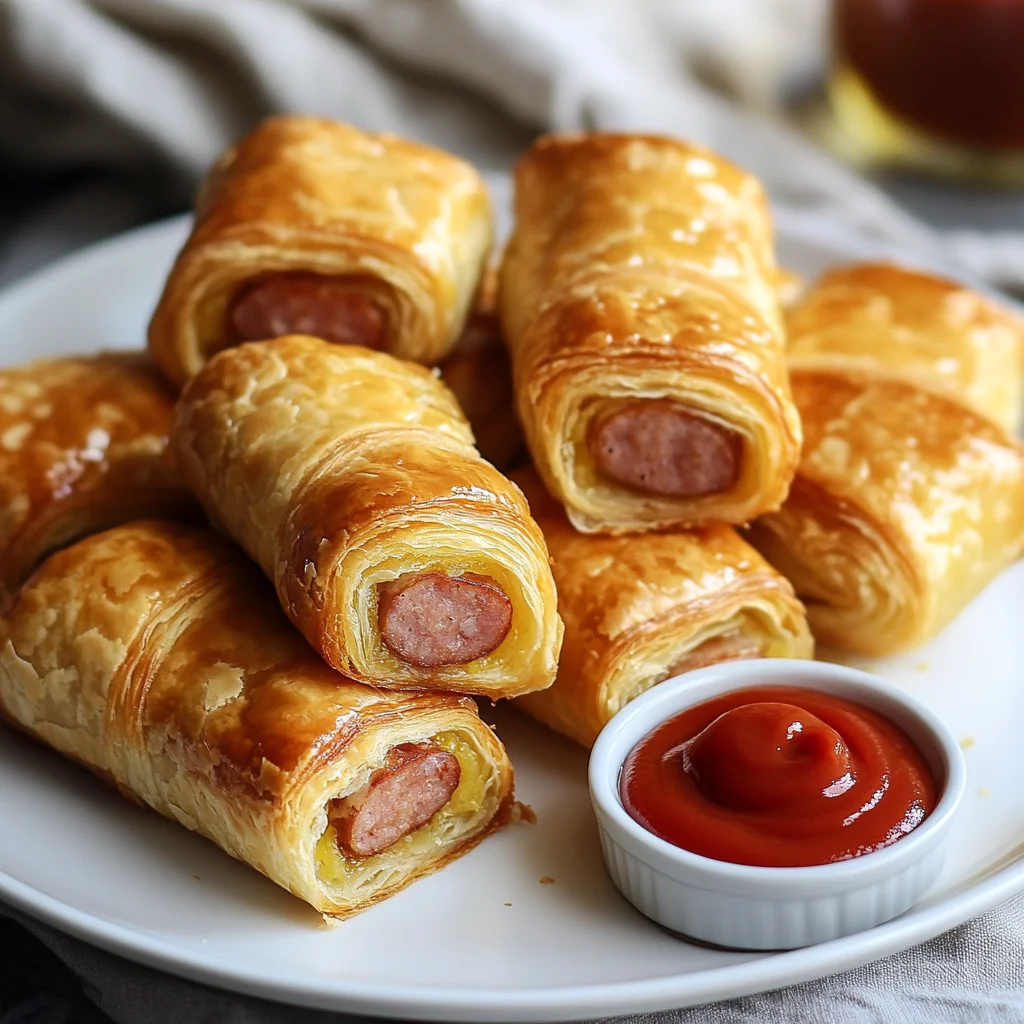 Knakworst in bladerdeeg op een wit bord, gemaakt in de airfryer.