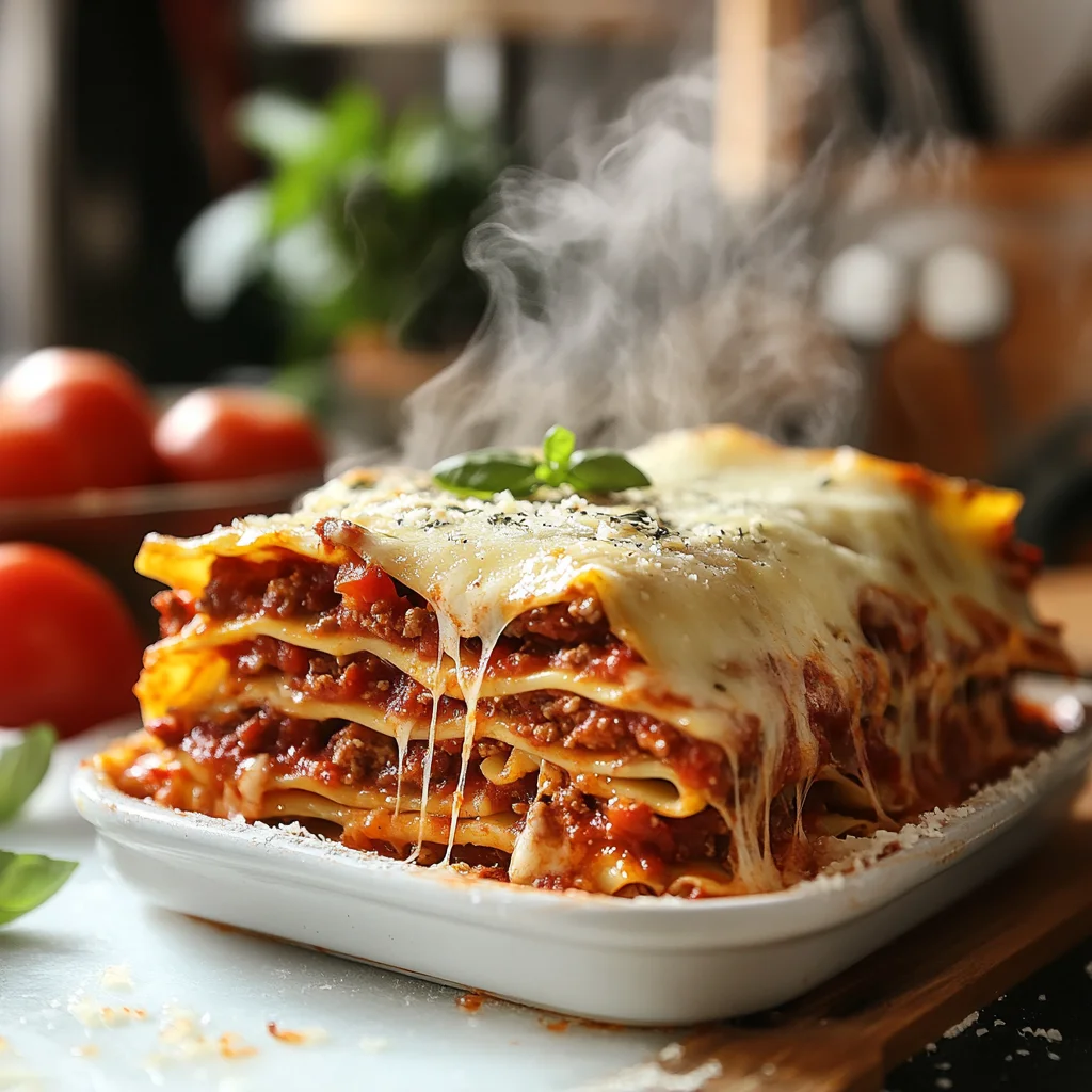 Lasagne op een wit bord. Lasagne is bereidt in de airfryer.
