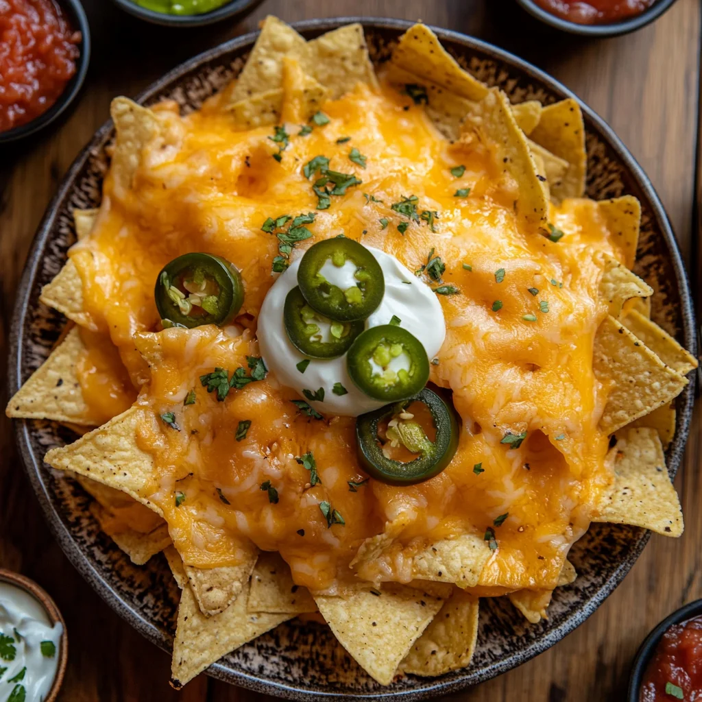 Een schaal met nacho's bedekt met smeltende kaas. Bereidt in de airfryer.