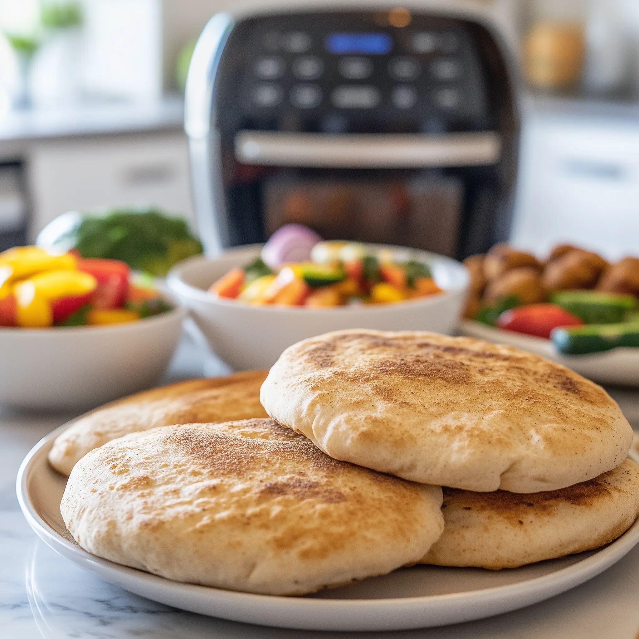 4 pitabroodjes op een wit bord met in de achtergrond een airfryer.