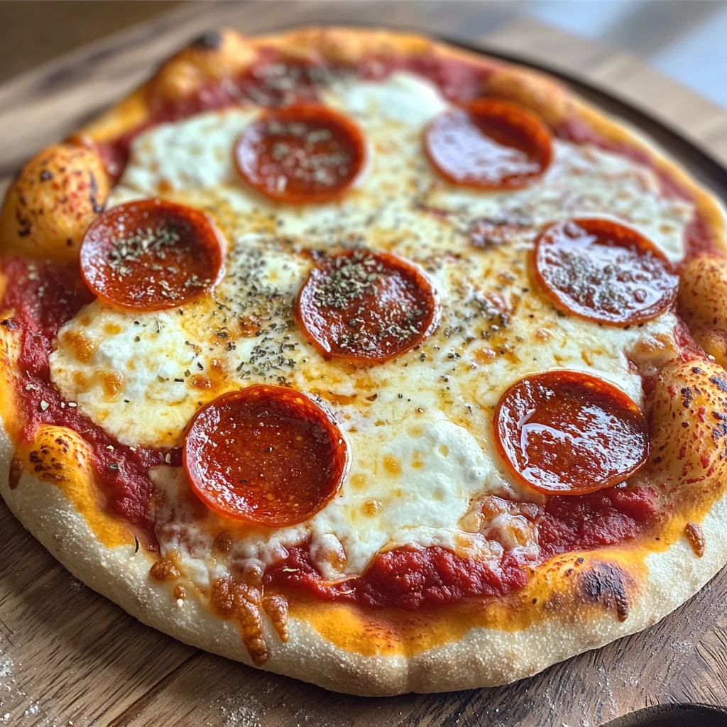 Pizza met salami, kaas en tomatensaus op een houten plank welke bereidt is in de airfryer.