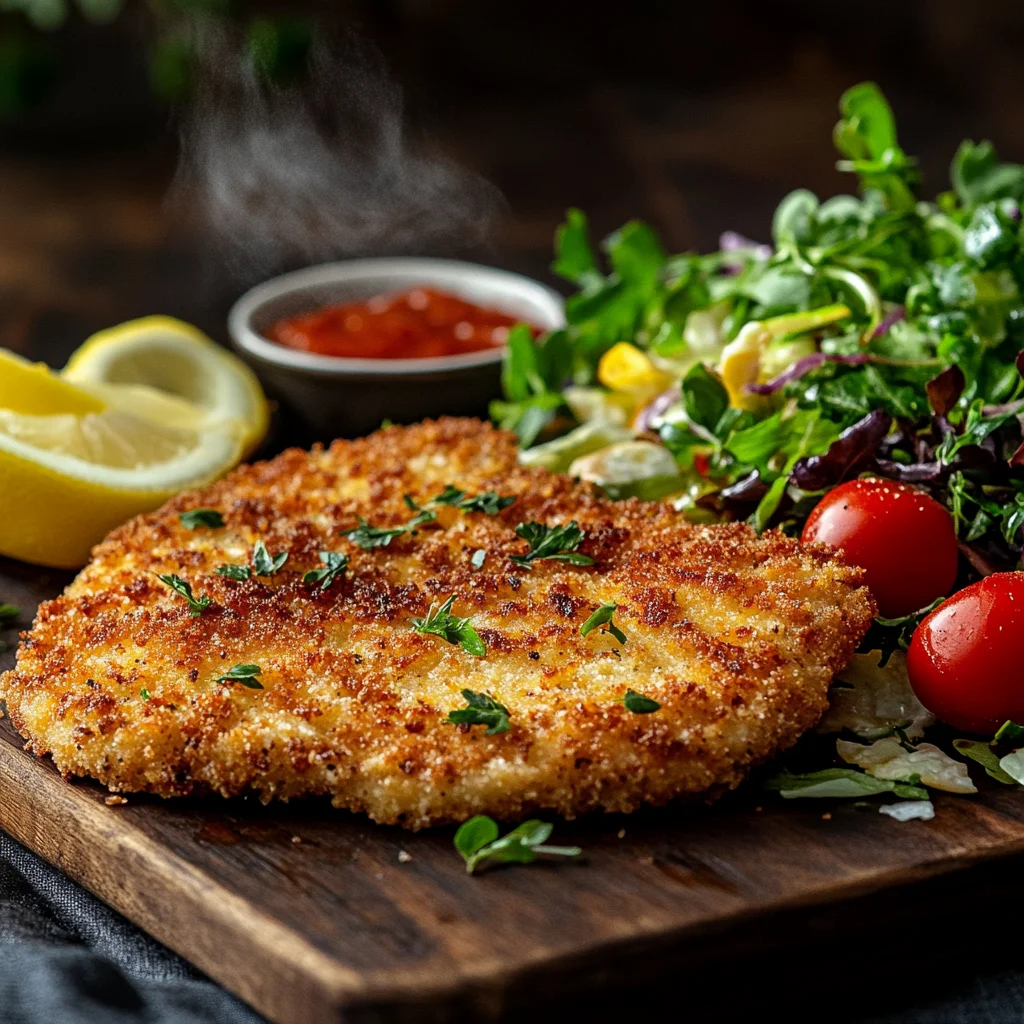 schnitzel op een houten plank die gebakken is in de airfryer.