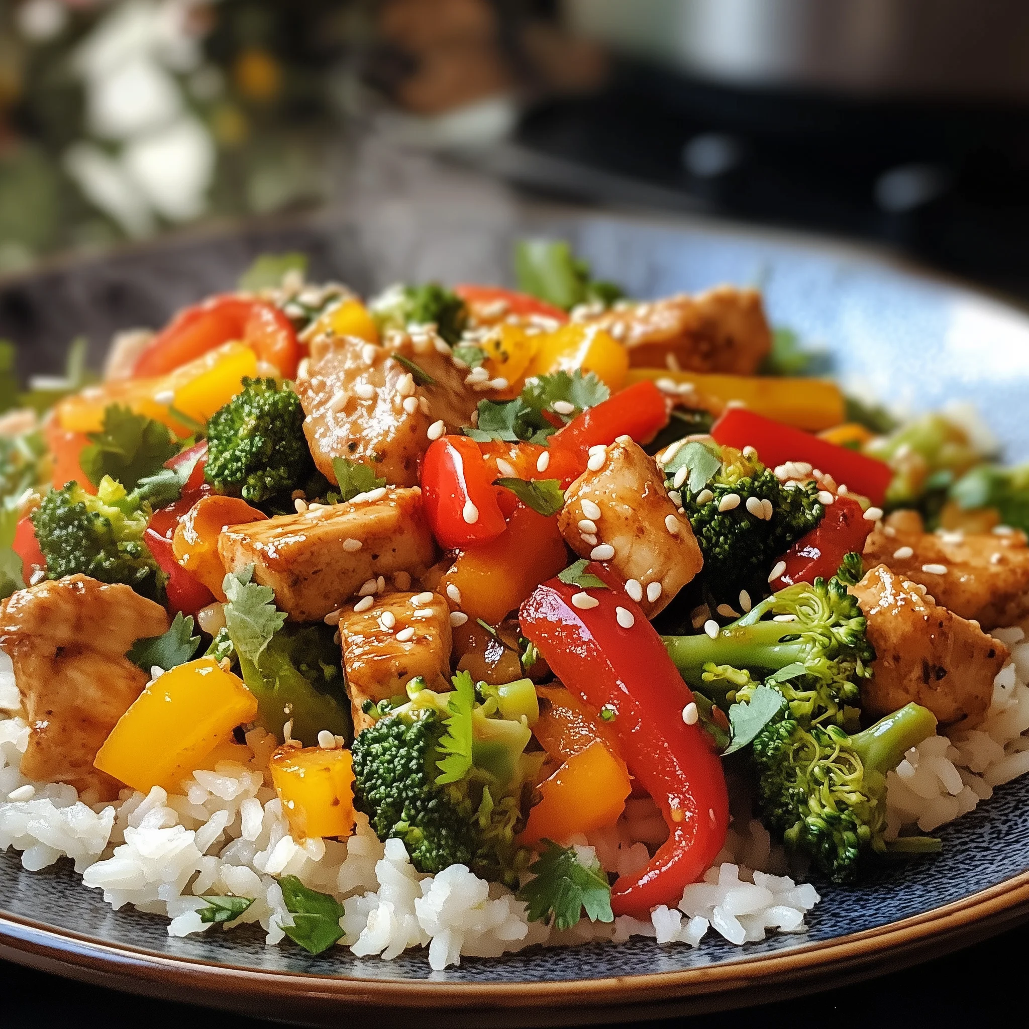 Wokschotel dat bestaat uit rijst, kip brocolli en paprika. Gemaakt in de airfryer.