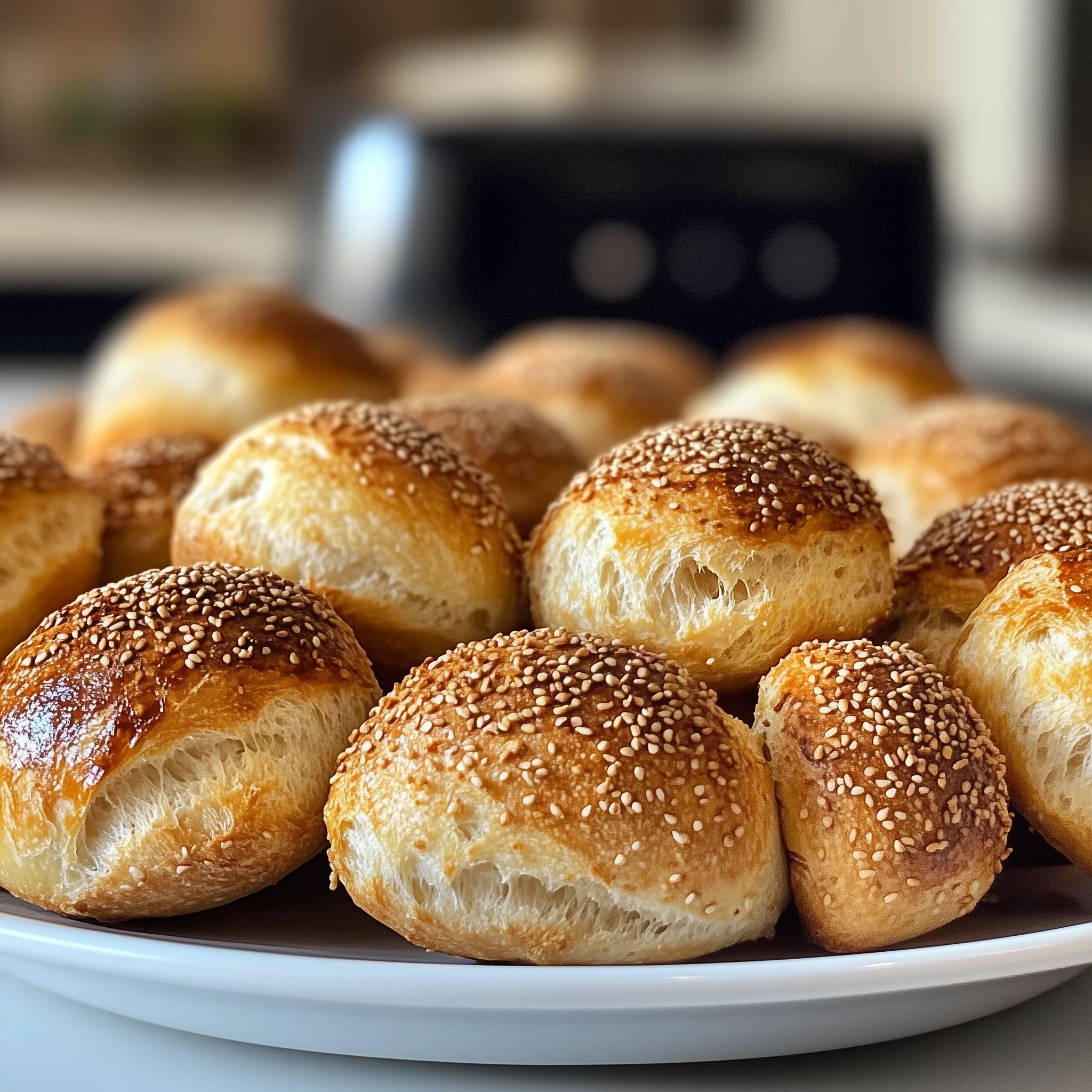 Afbakbroodjes op een wit bord met in de achtergrond een airfryer.