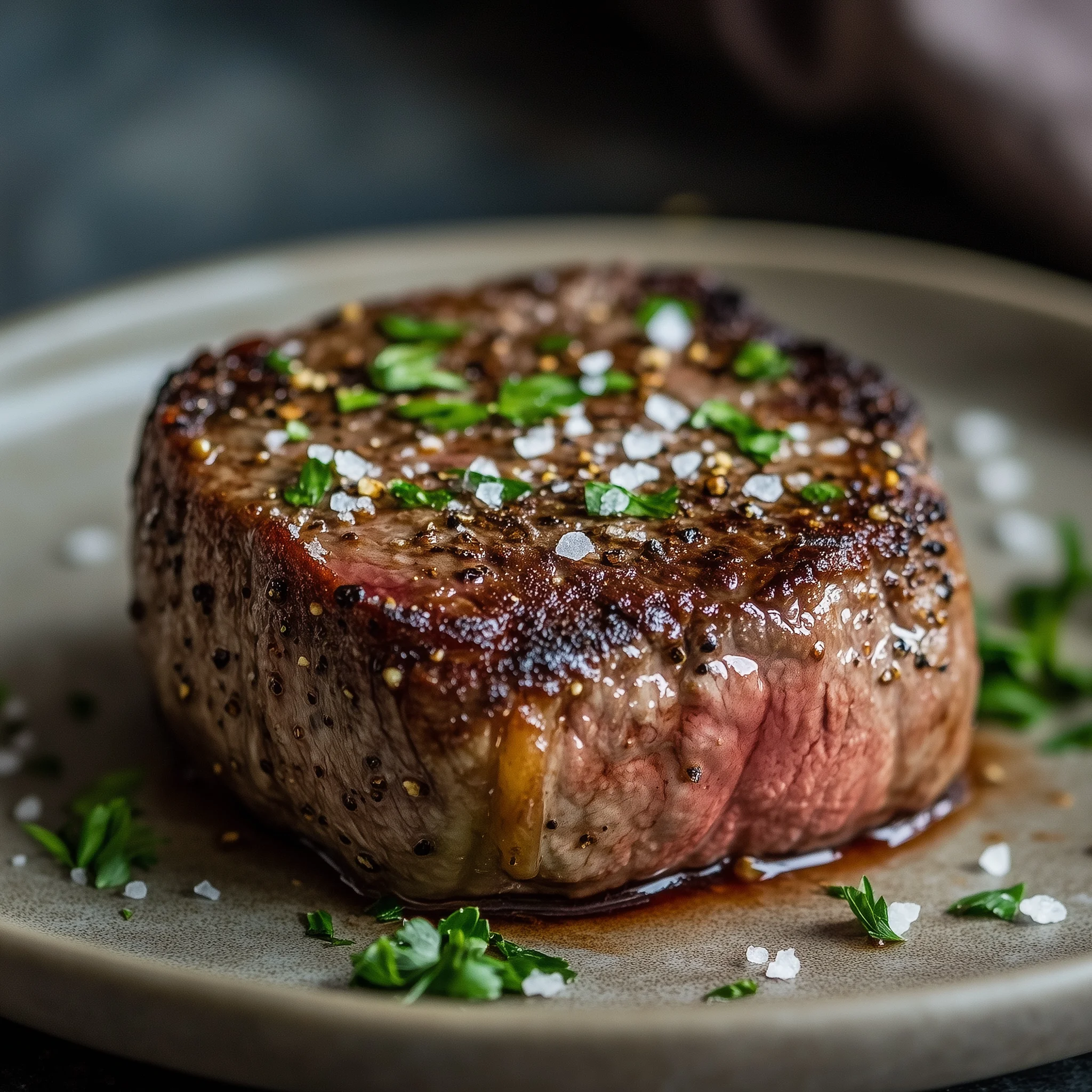 biefstuk op een bord die bereidt is in de airfryer.