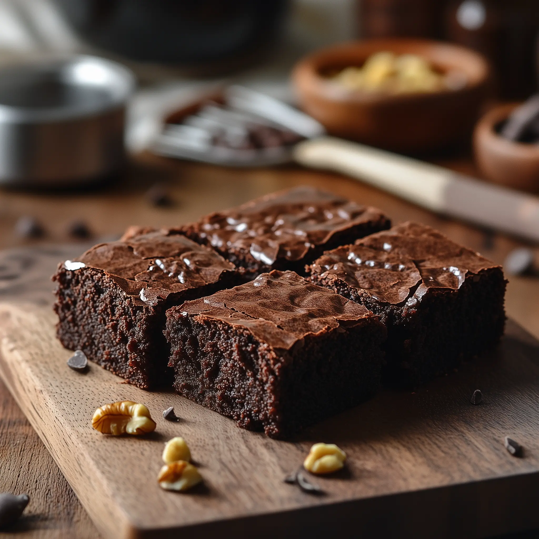 4 brownies op een houten plank die bereidt zijn in de airfryer.
