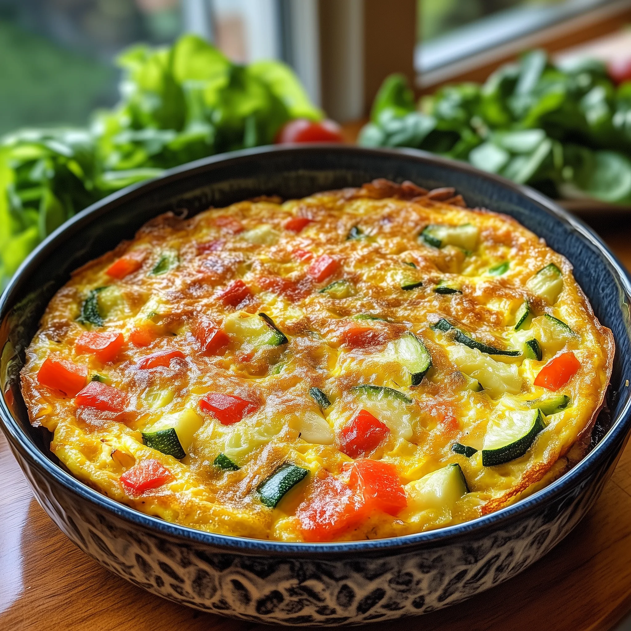 Fritatta in een blauwe schaal. De fritatta is bereidt in de airfryer.