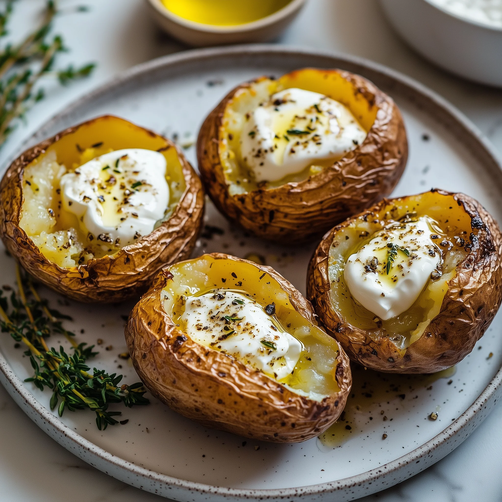 4 gepofte aardappels op een bord, bereidt in de airfryer.