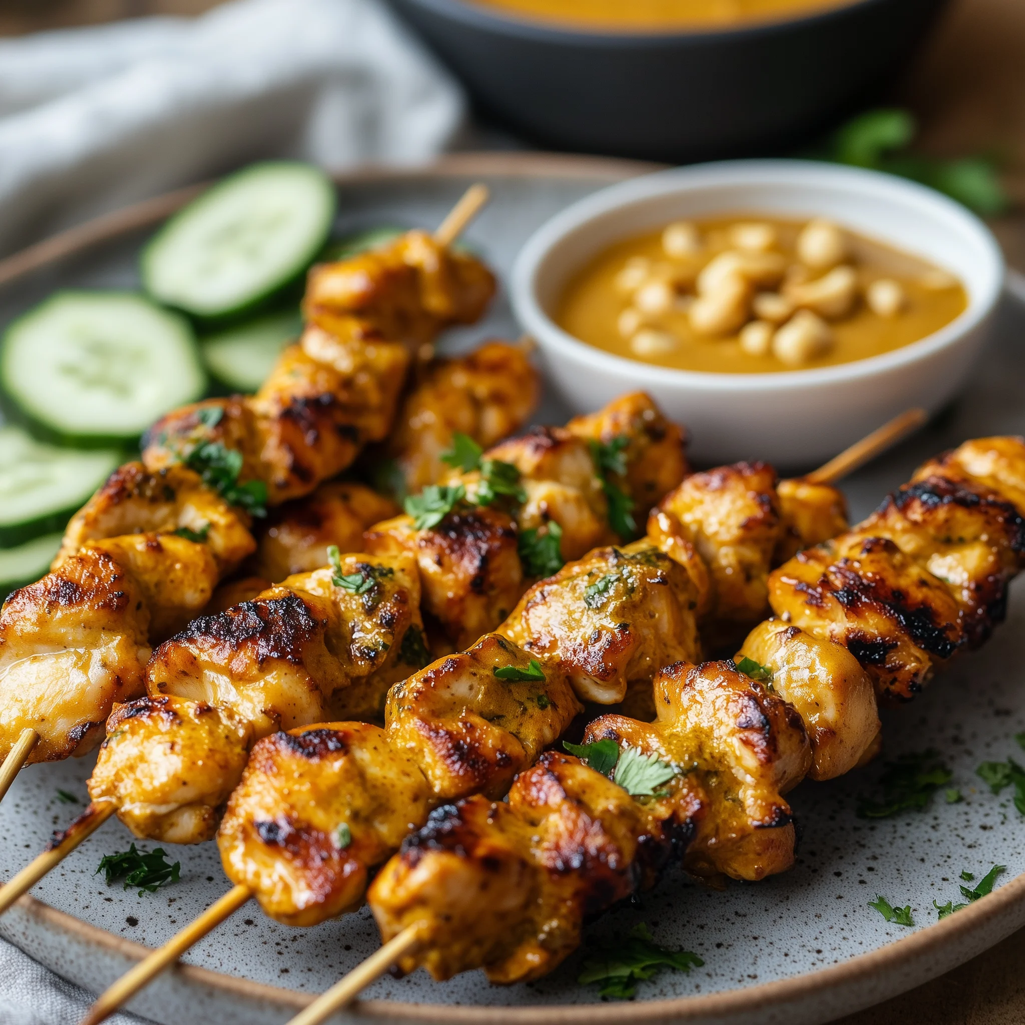 4 kipsaté op een bord. De kip spiesjes zijn bereidt in de airfryer.