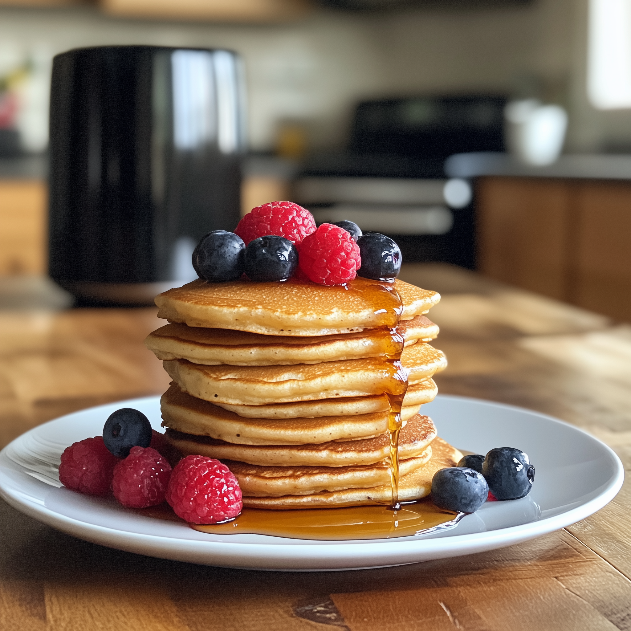 Pannenkoeken op een wit bord met stroop en fruit met in de achtergrond een airfryer.