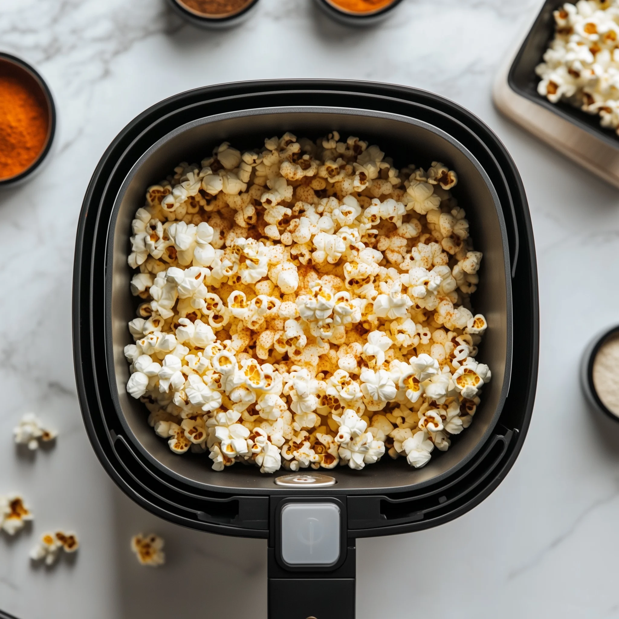 Popcorn in een airfryer bak.