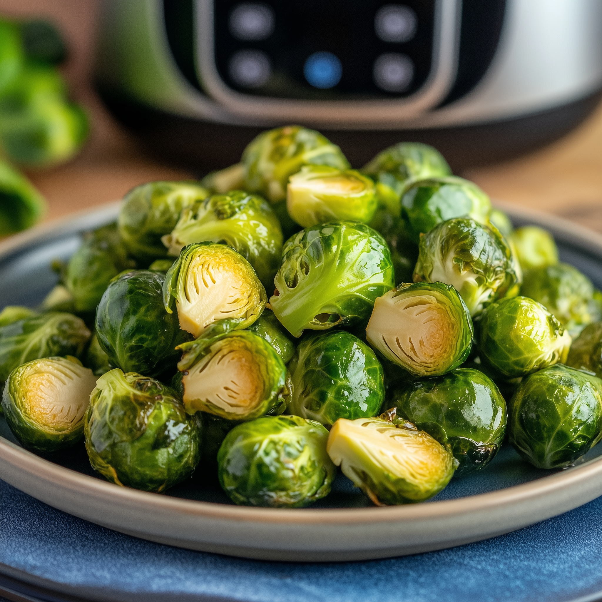 Spruitjes op een bord met in de achtergrond een airfryer.