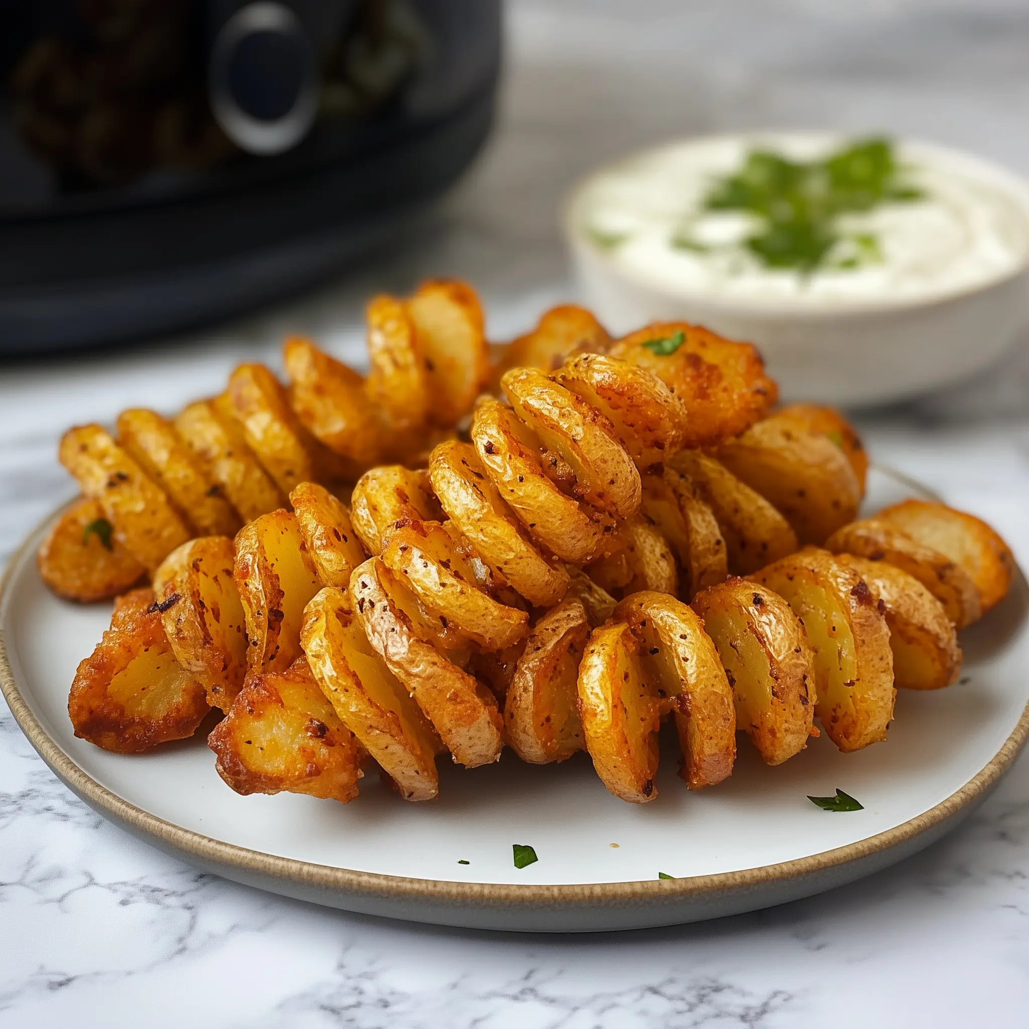 aardappel twister op een bord met in de achtergrond een airfryer.