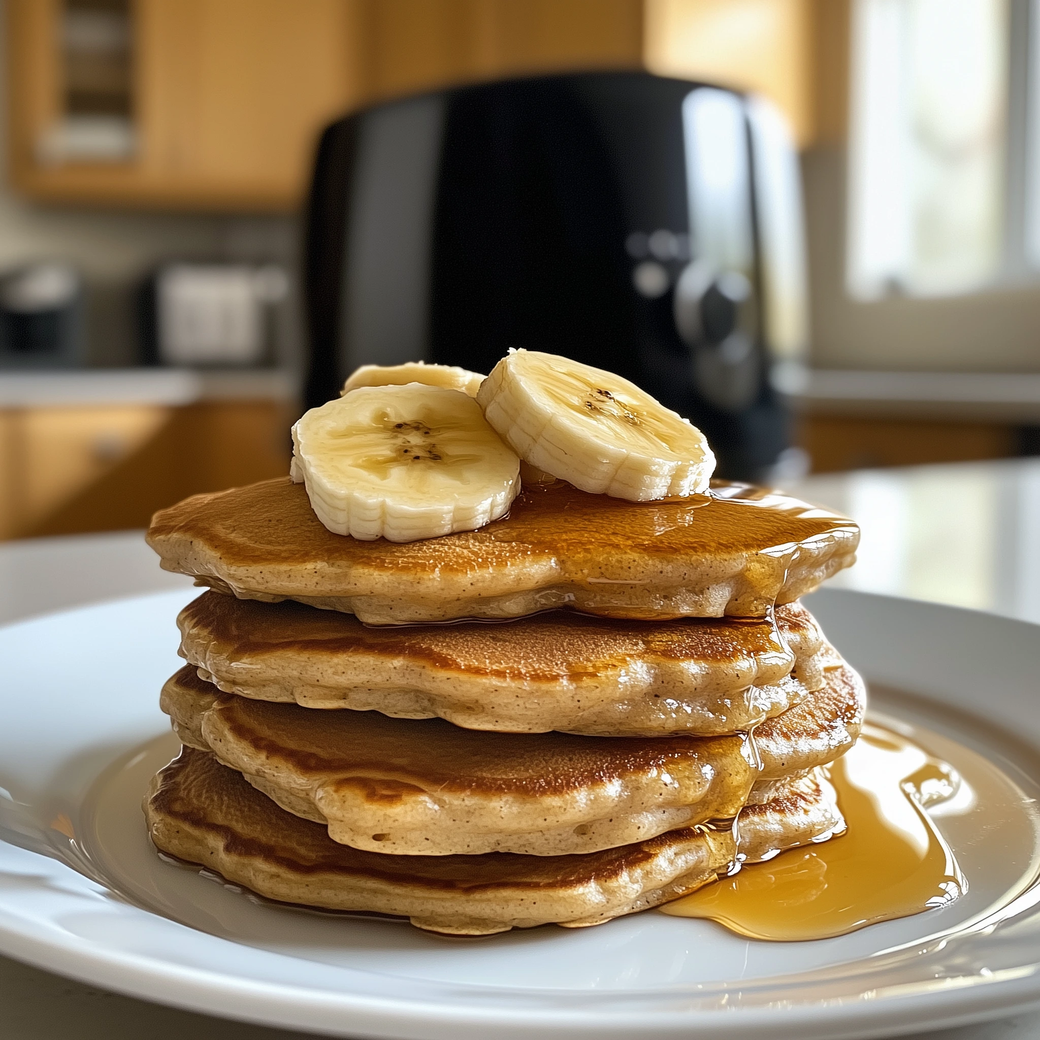 bananenpannenkoek op een wit bord met in de achtergrond een airfryer.