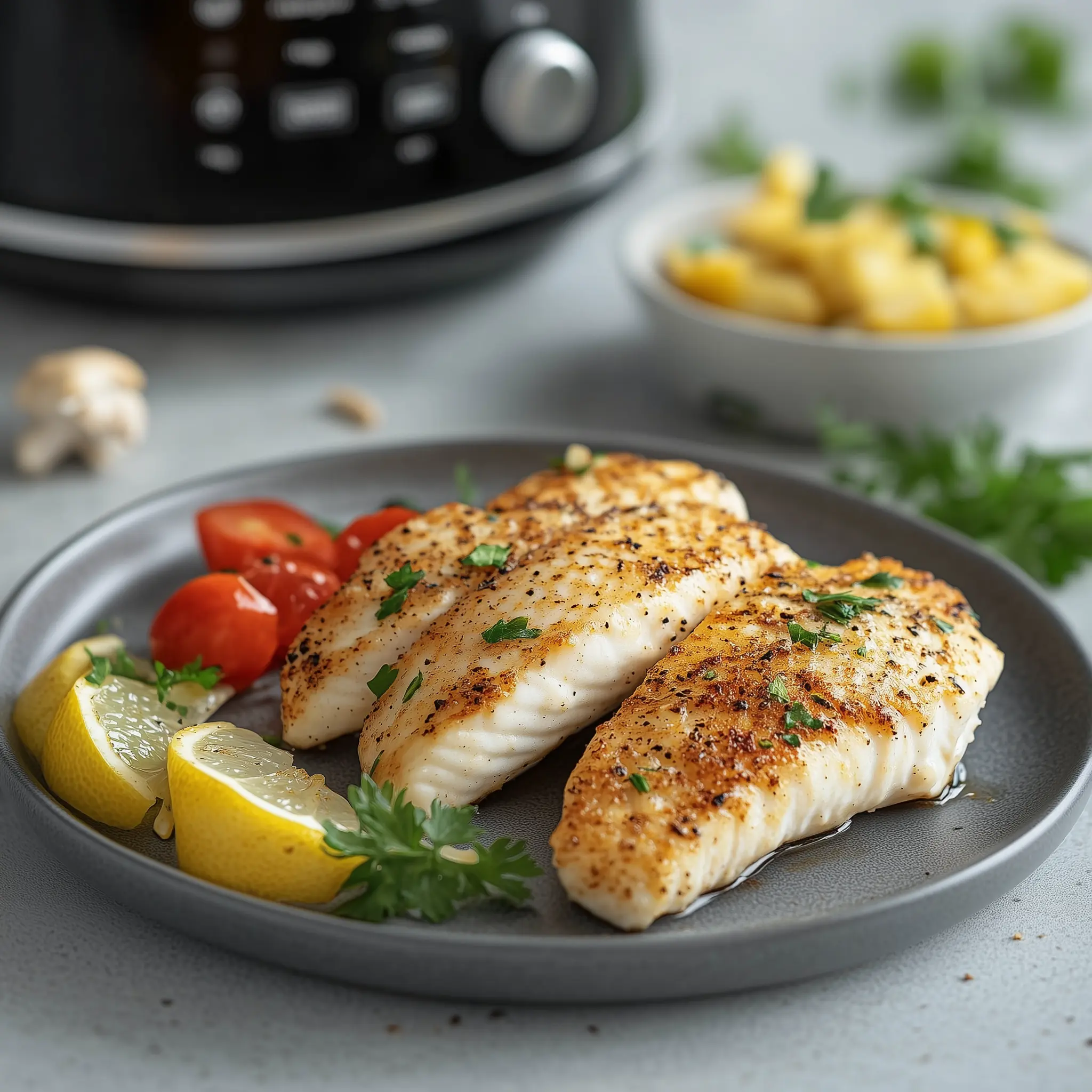 2 visfilets op een bord met in de achtergrond een airfryer.