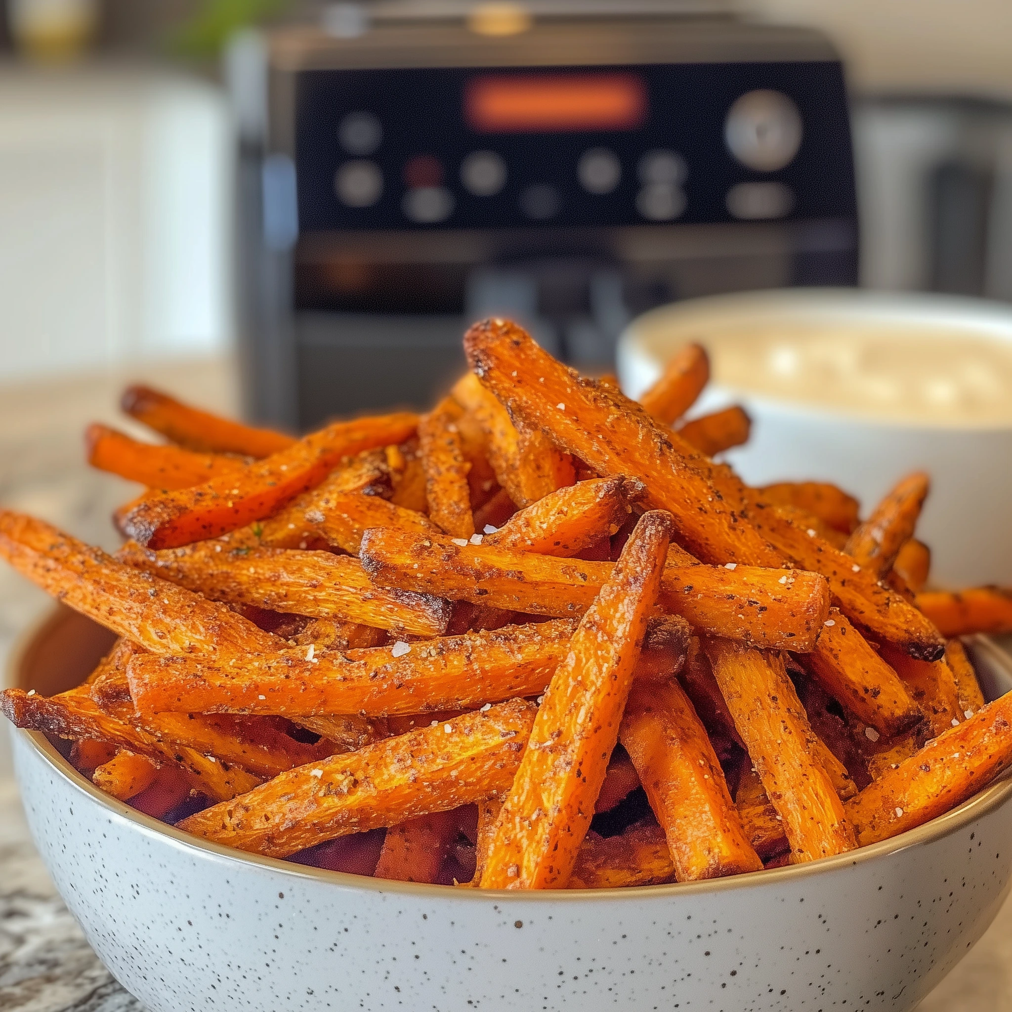 wortel friet in een schaal met in de achtergrond een airfryer.