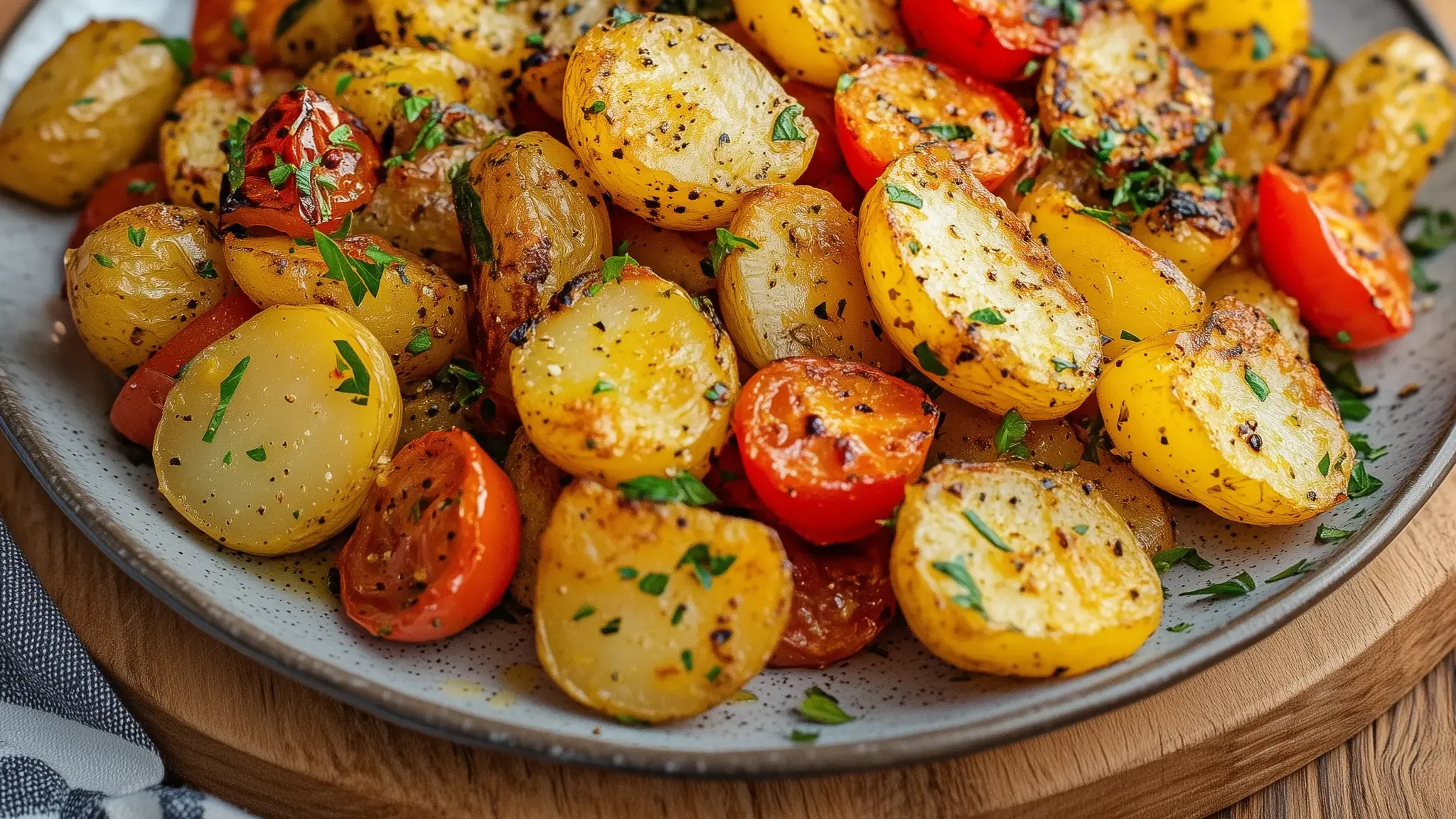 Aardappelen en groenten op een bord. Dit recept is bereidt in de airfryer.