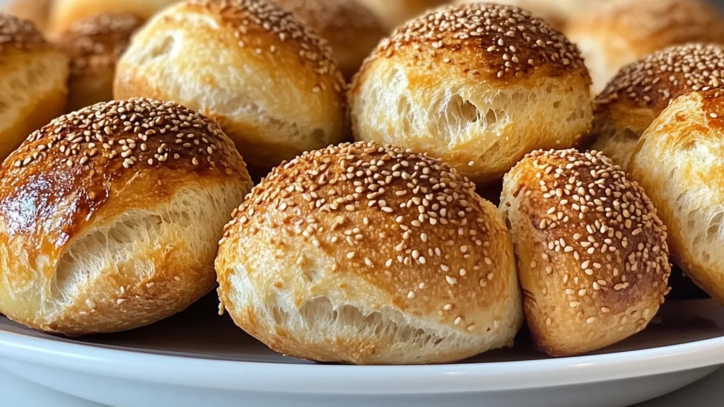 Afbakbroodjes op een wit bord met in de achtergrond een airfryer.