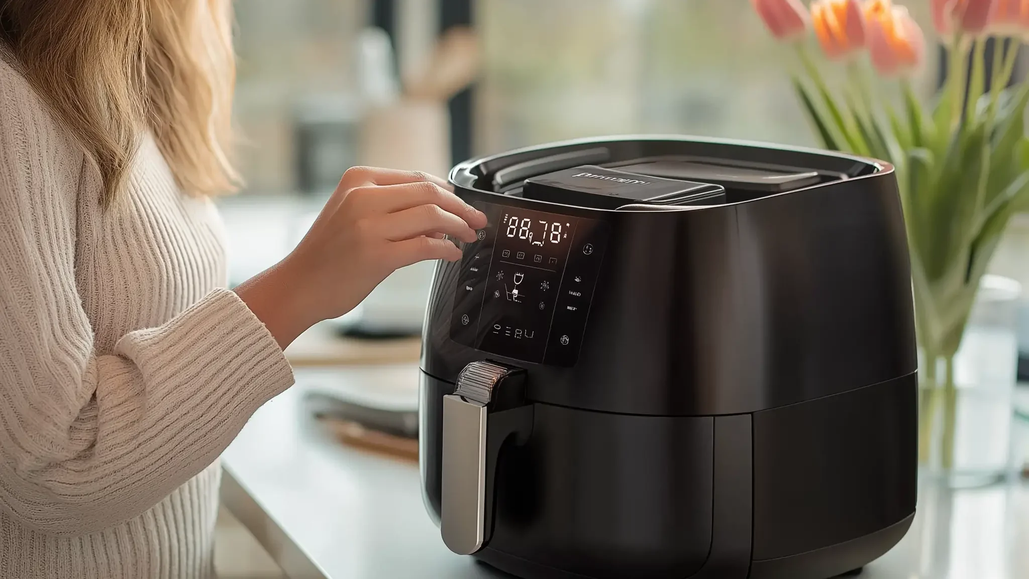 Een vrouw is de airfryer aan het voorverwarmen