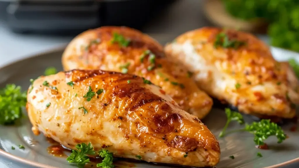 Kipfilet met in de achtergrond een airfryer.
