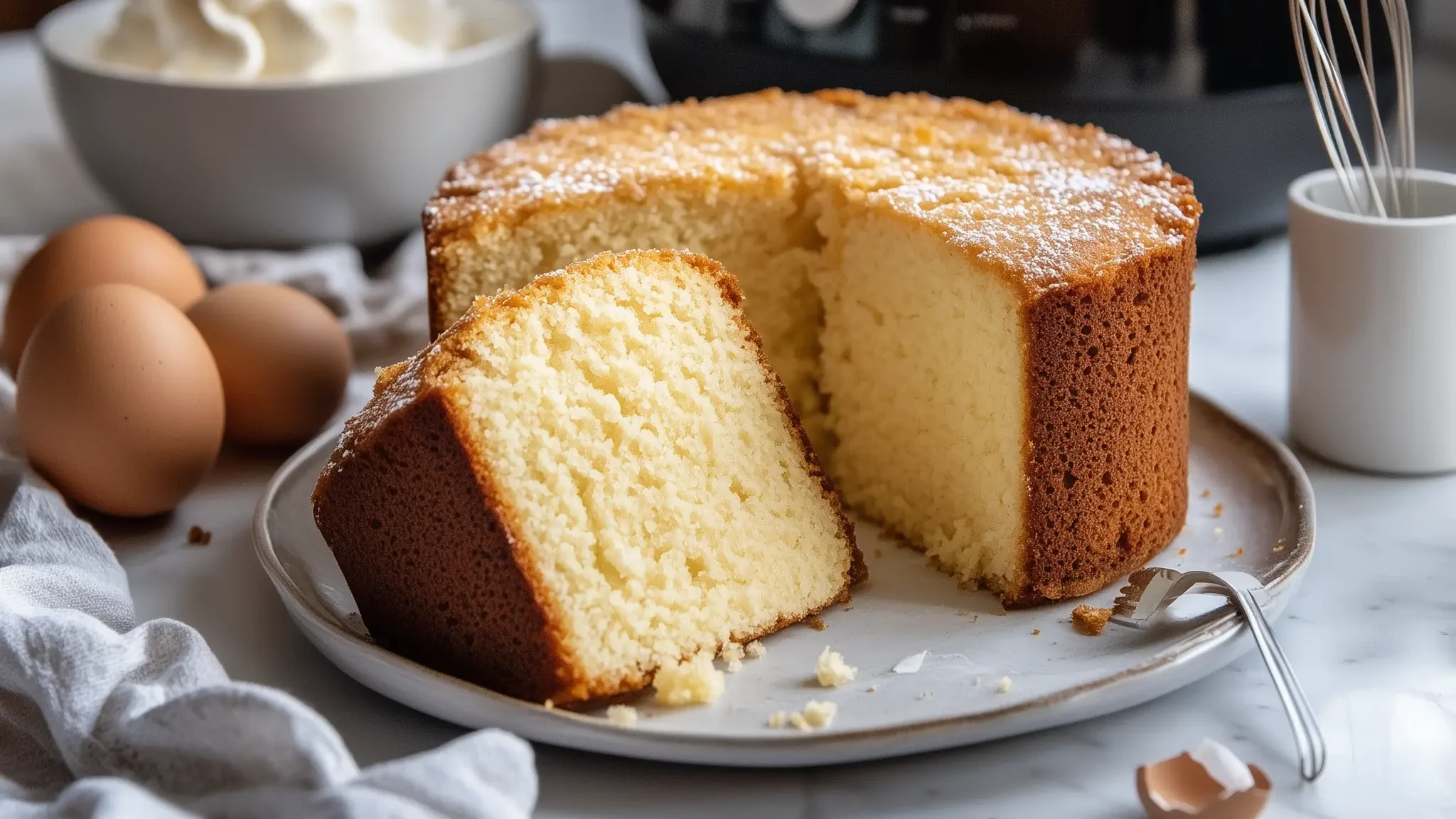Vanille cake op een houten plank met in de achtergrond een airfryer.