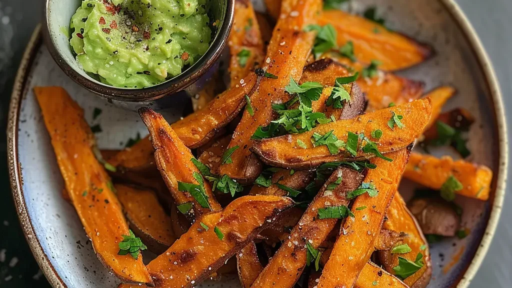 Zoete aardappel friet met tijm op een bord en daarnaast een bakje guacamole.