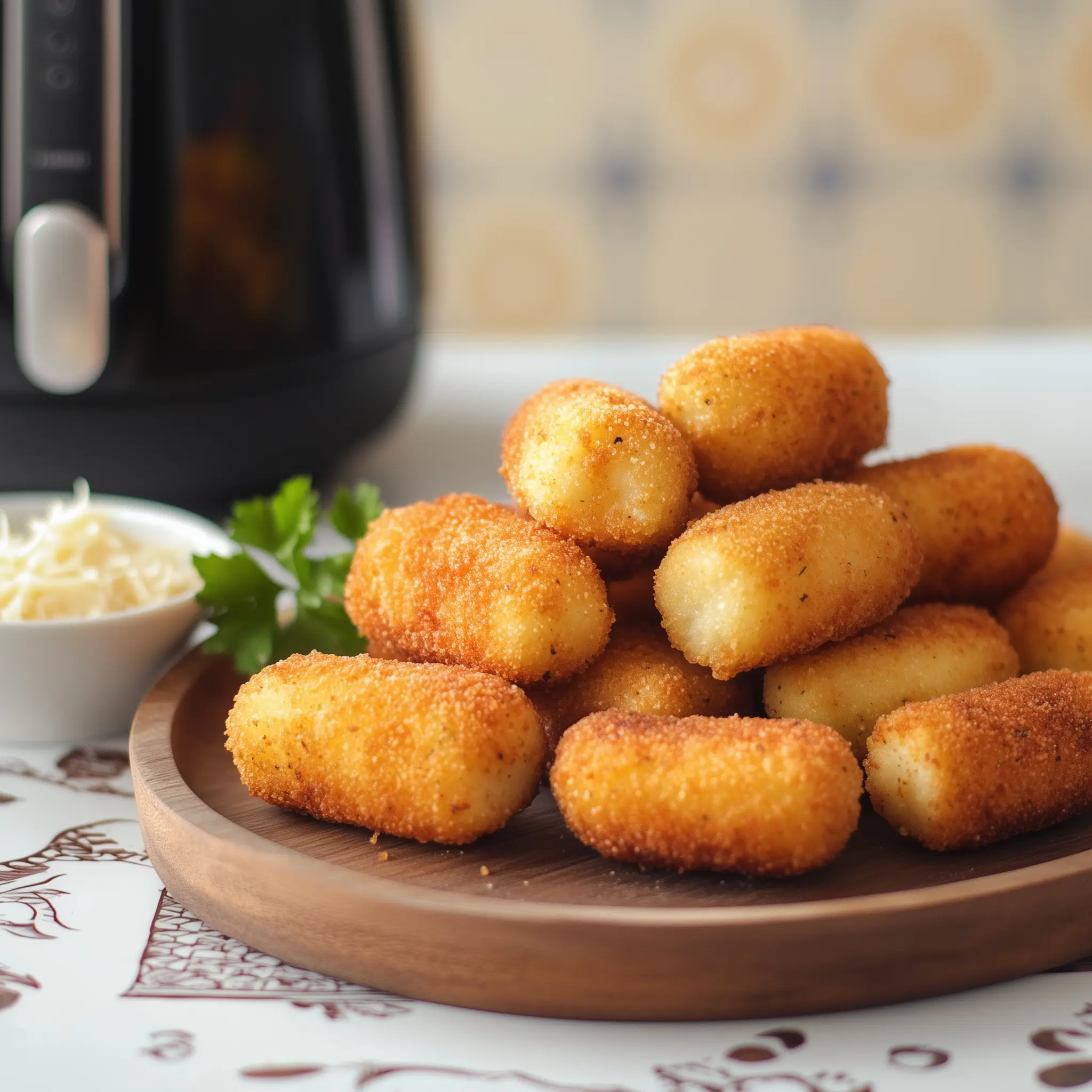 Aardappelkroketjes op een bord met in de achtergrond een airfryer
