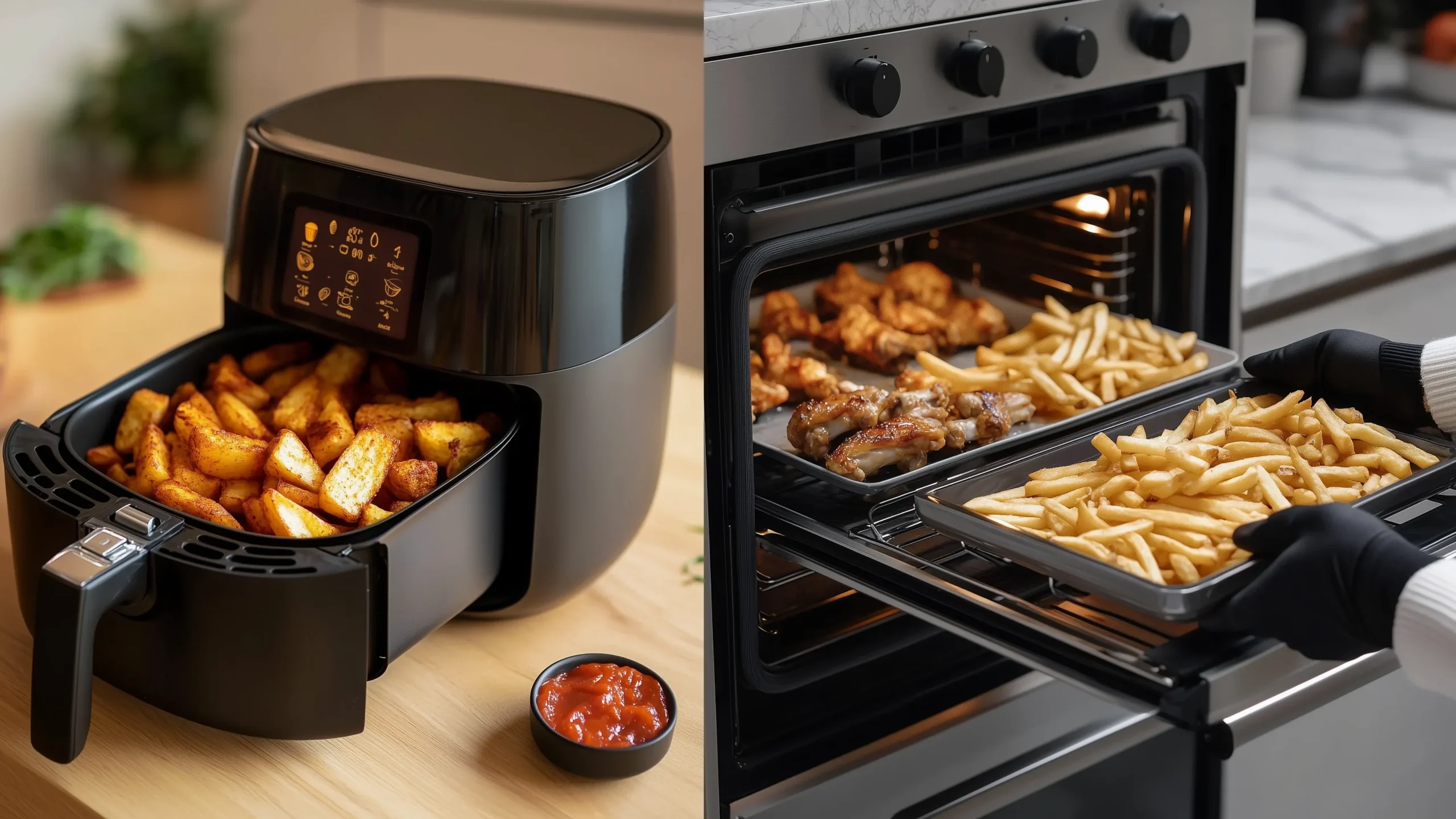 Links en airfryer en rechts een oven