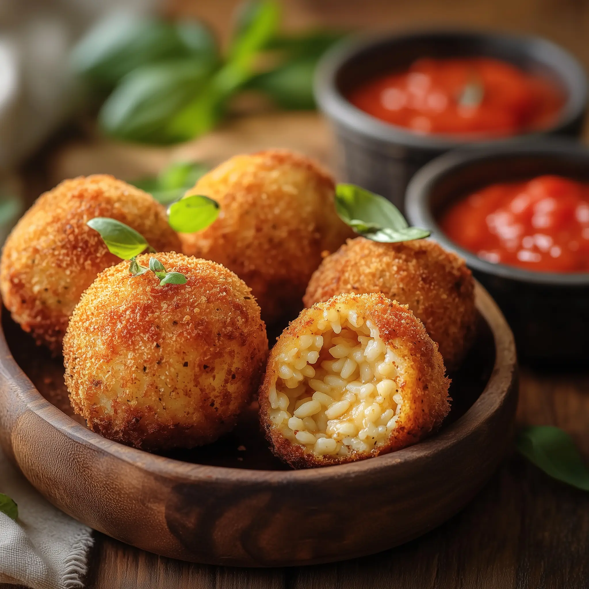 Arancini in een houten kom, bereidt in de airfryer