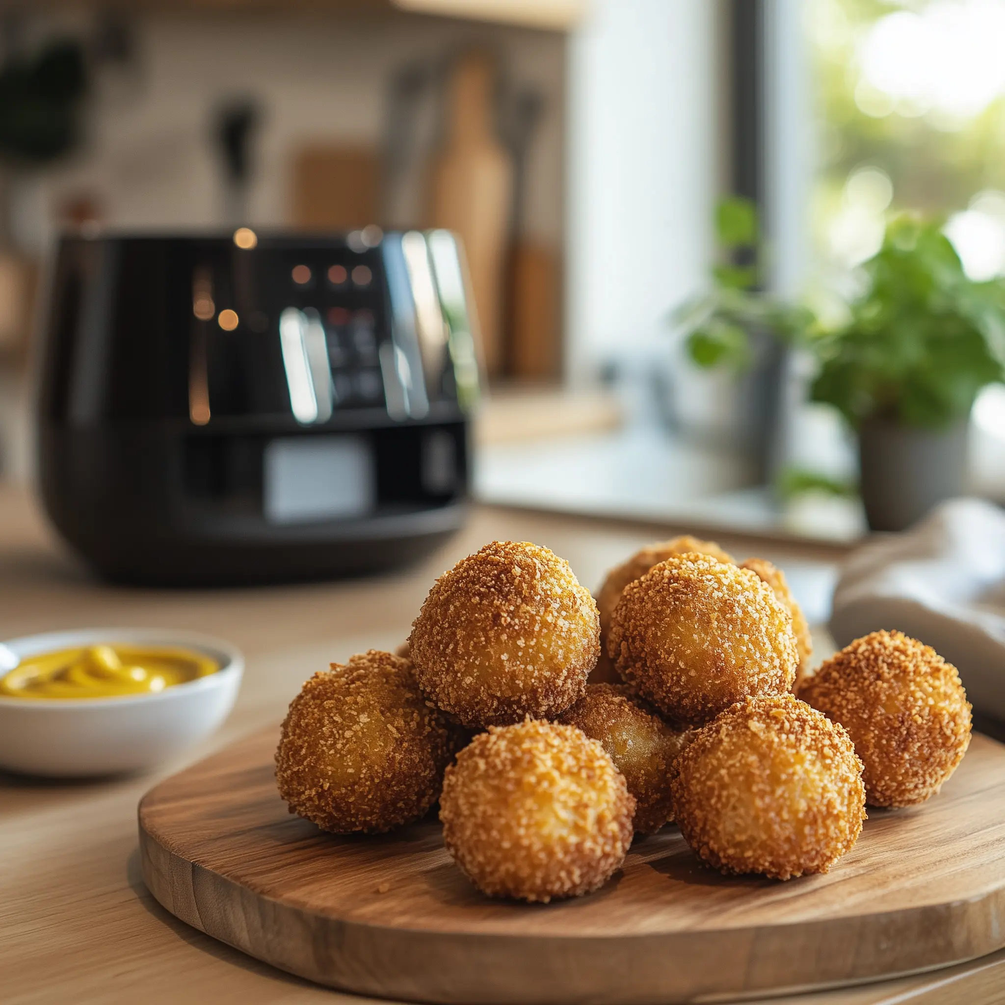 Bitterballen op een plank met in de achtergrond een airfryer