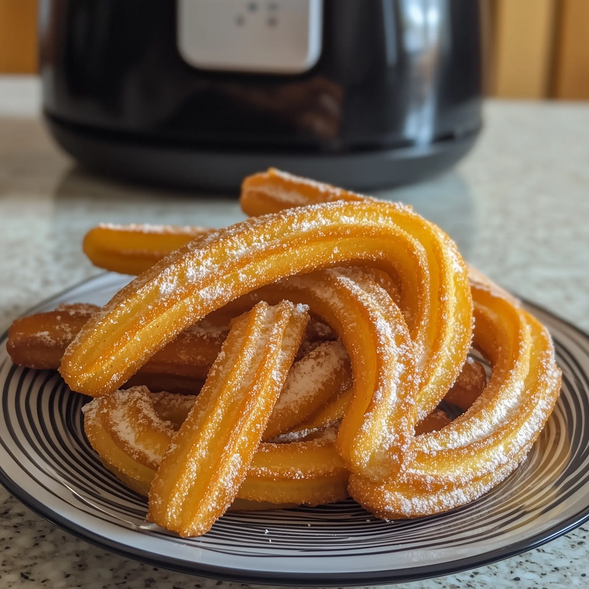 Churros op een bord met in de achtergrond een airfryer