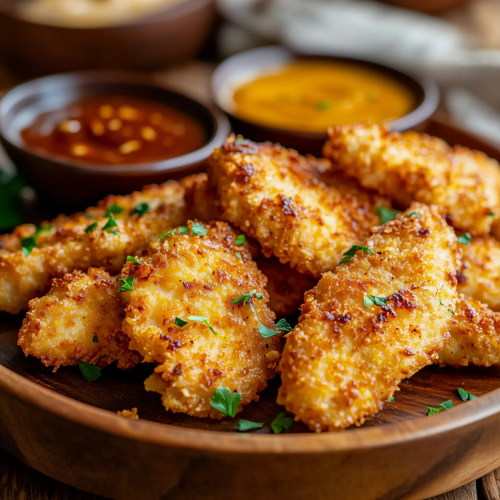 Crispy chicken tenders in een schaal, bereidt in de airfryer
