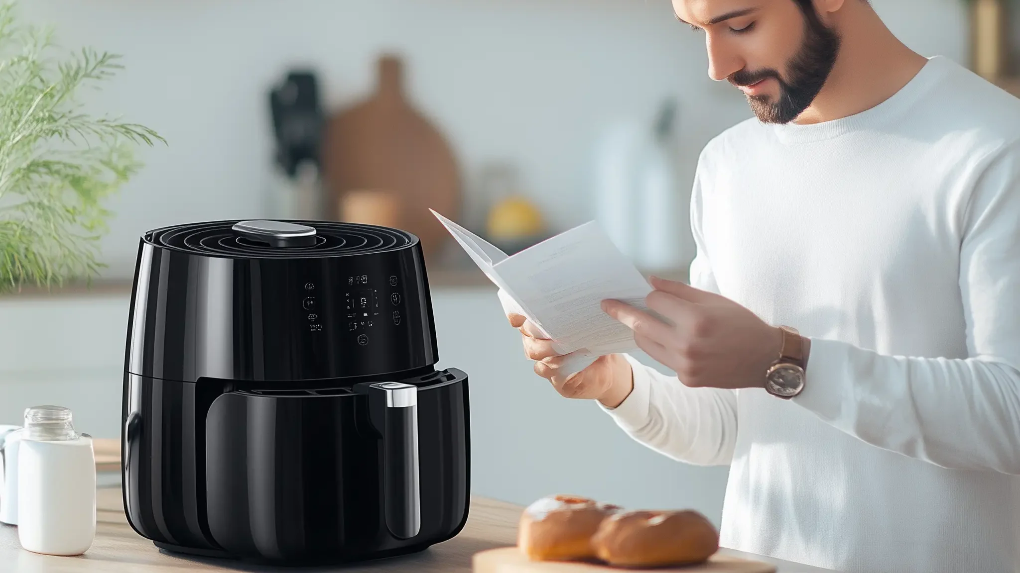 Een man leest een handleiding met een airfryer op het aanrechtblad.