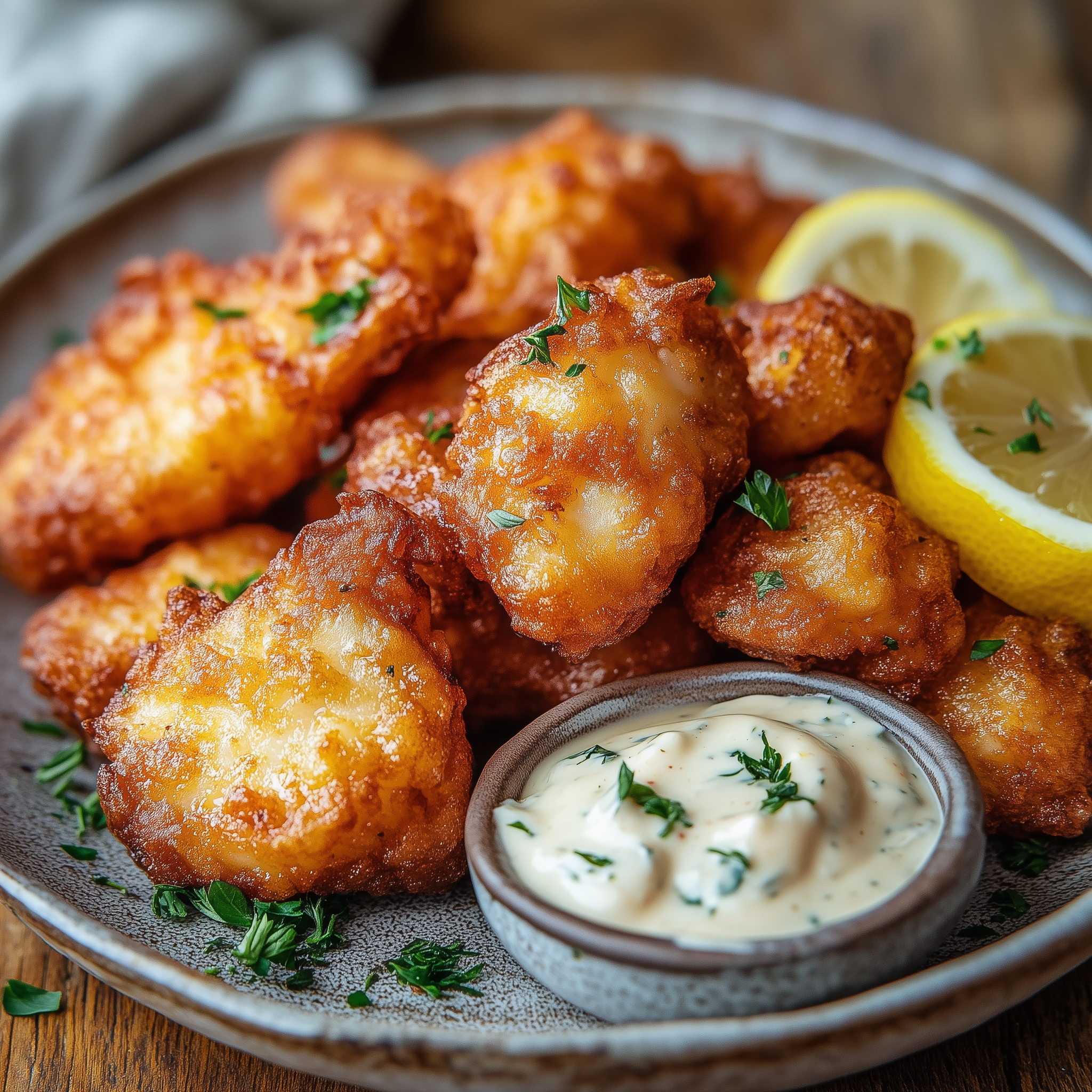Kibbeling op een bord, opgewarmd in de airfryer