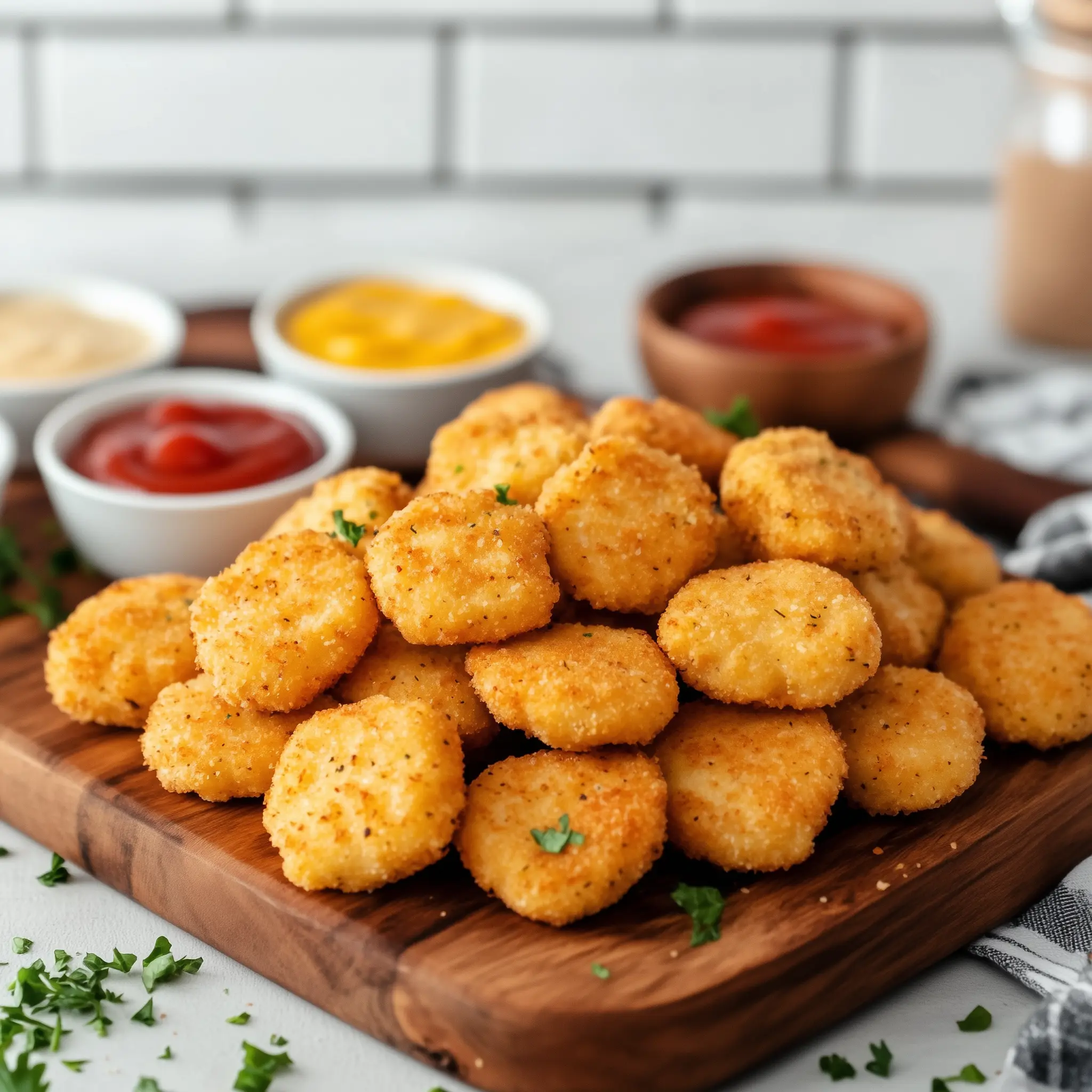 Kipnuggets op een houten plank, bereidt in de airfryer